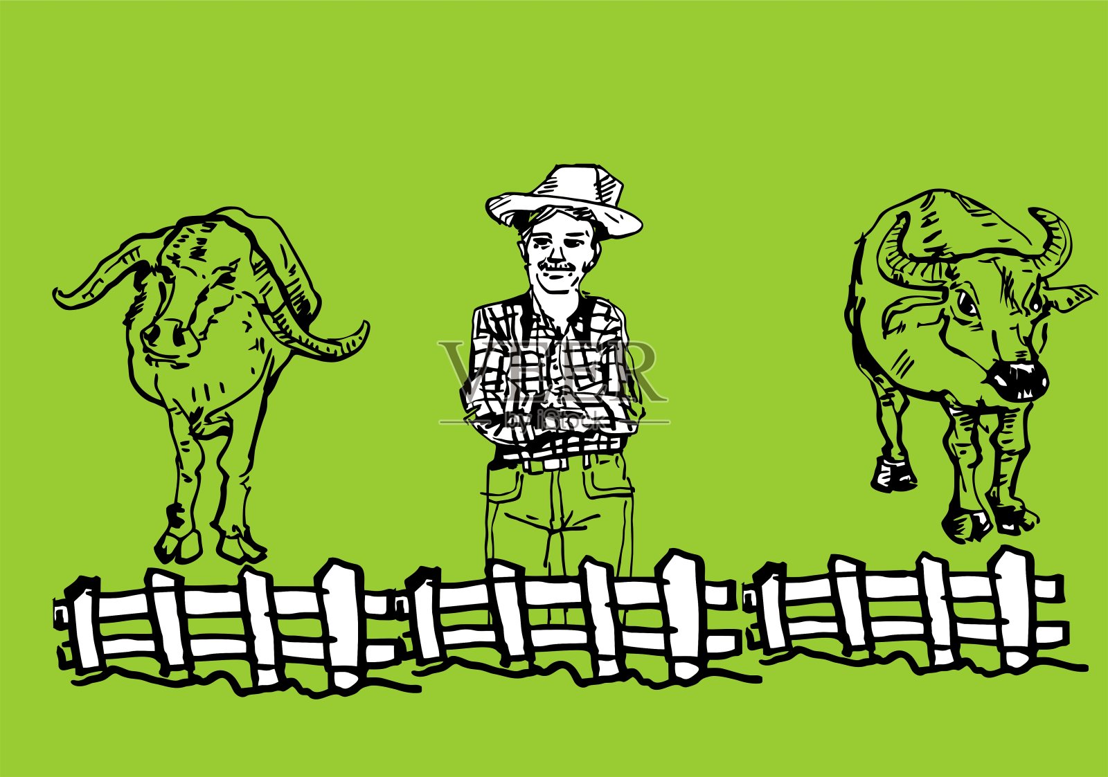 牛,人,篱笆,农舍和 农场日常活动。插画图片素材