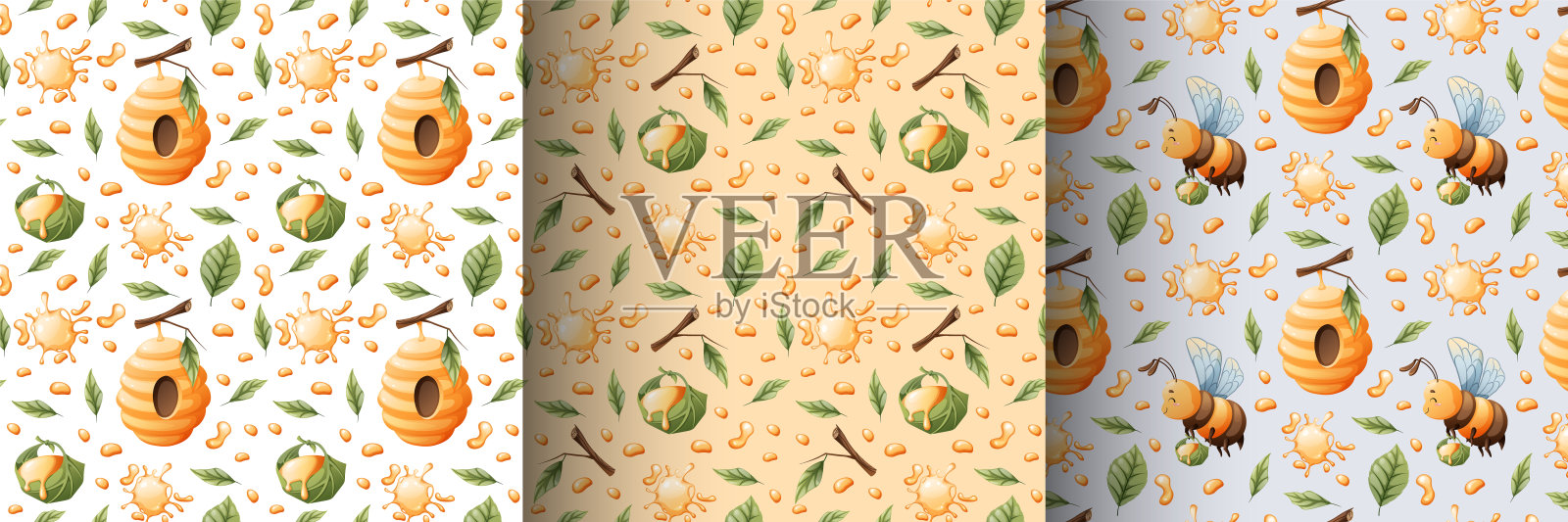 一套无缝图案,有趣的蜜蜂,花朵,蜂蜜。适用于儿童纺织品、服装、墙纸、纸张插画图片素材