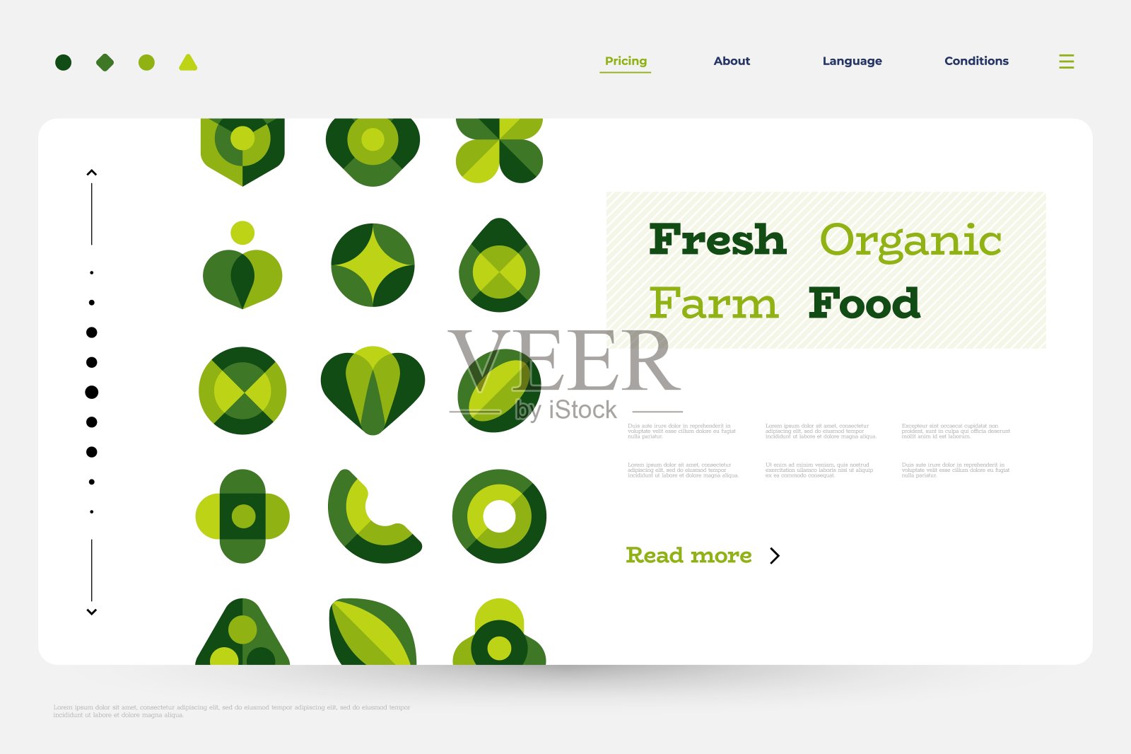 有机食品着陆。网页模板与平面几何抽象形状,极简绿色植物和新鲜食物的形式。矢量图插画图片素材