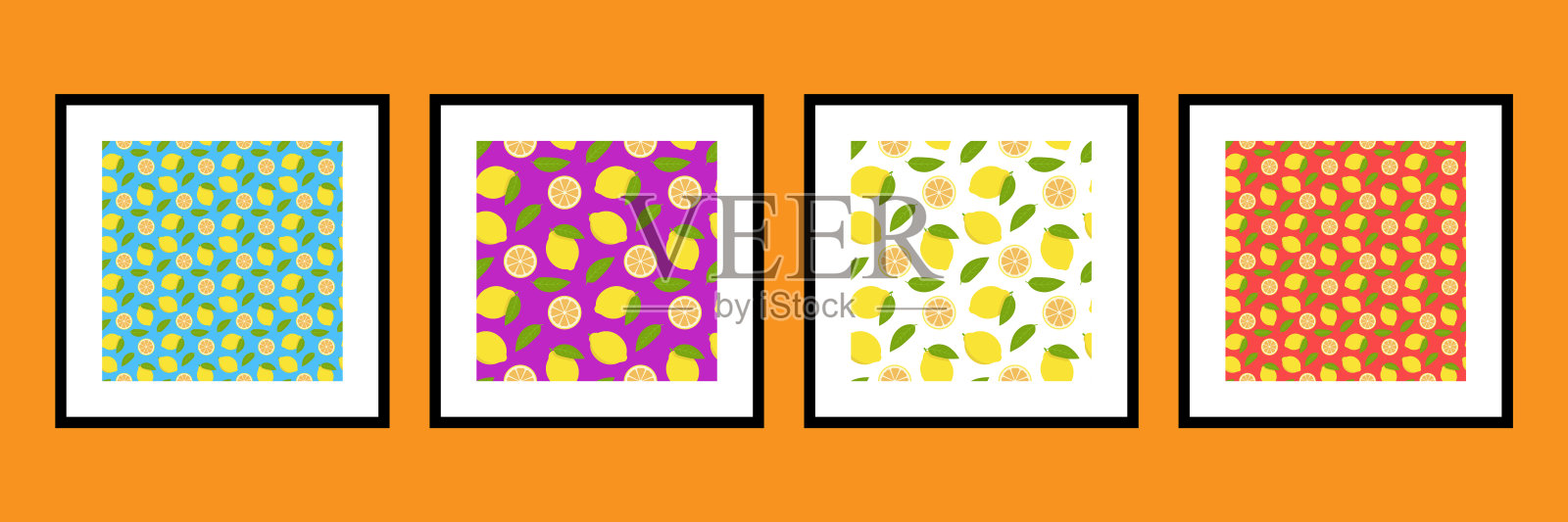 矢量柠檬无缝模式集。微笑风格的插图。可用于布料、纸张、衣服、壁纸、杂志、书籍、卡片、菜单封面、网页等印刷插画图片素材