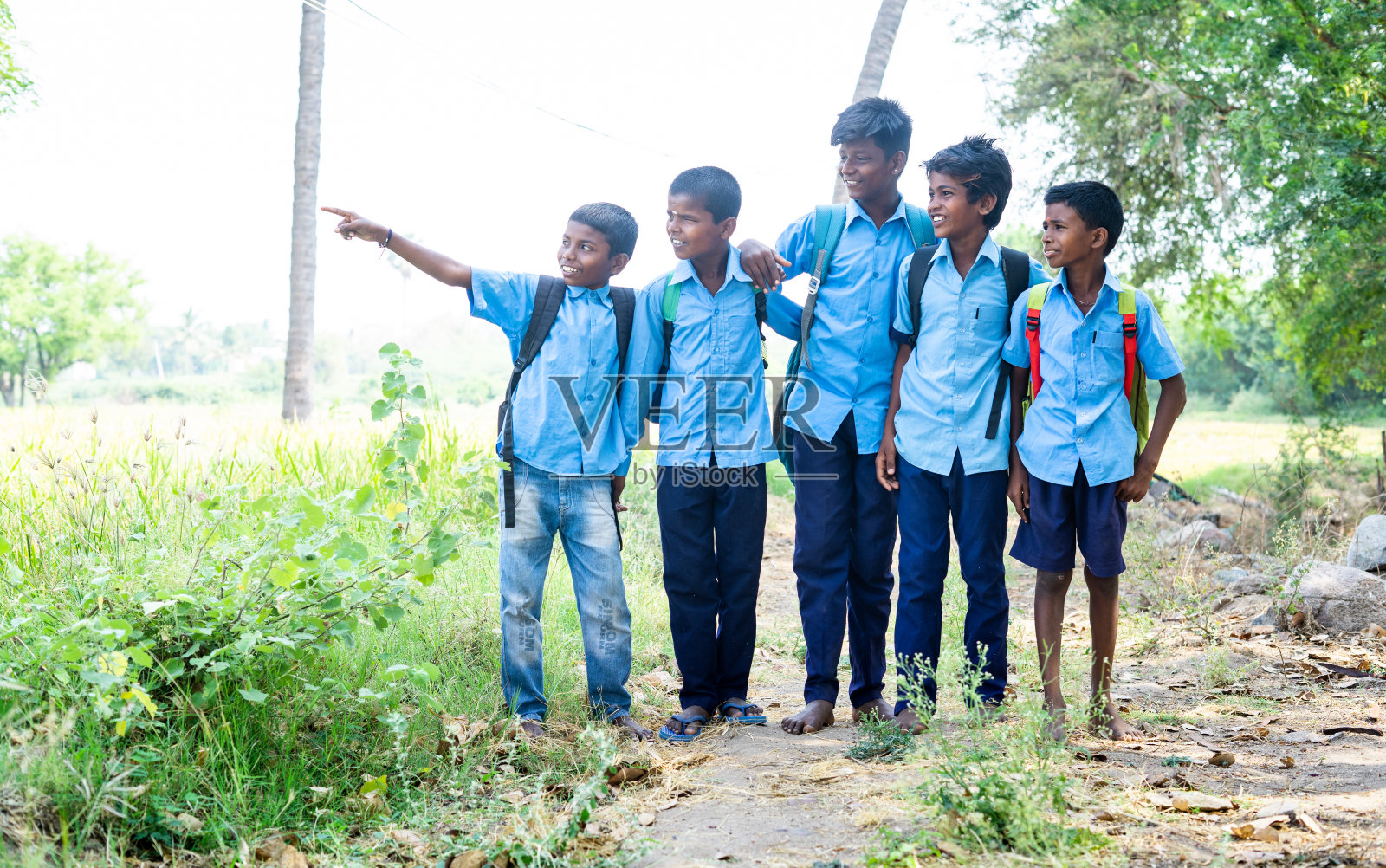 村里一群穿着制服的孩子坐在水田附近,用着笔记本电脑——教育、发展和技术的概念。照片摄影图片