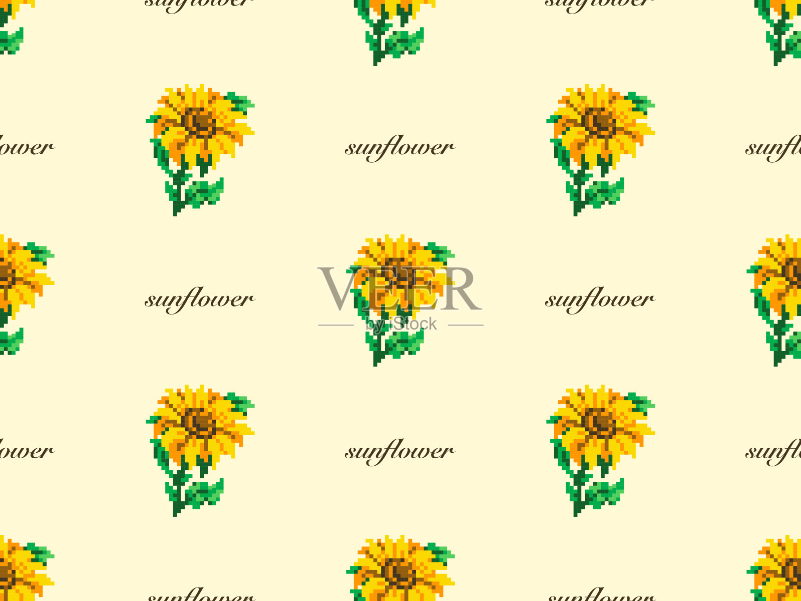 向日葵卡通人物无缝图案的黄色背景。插画图片素材