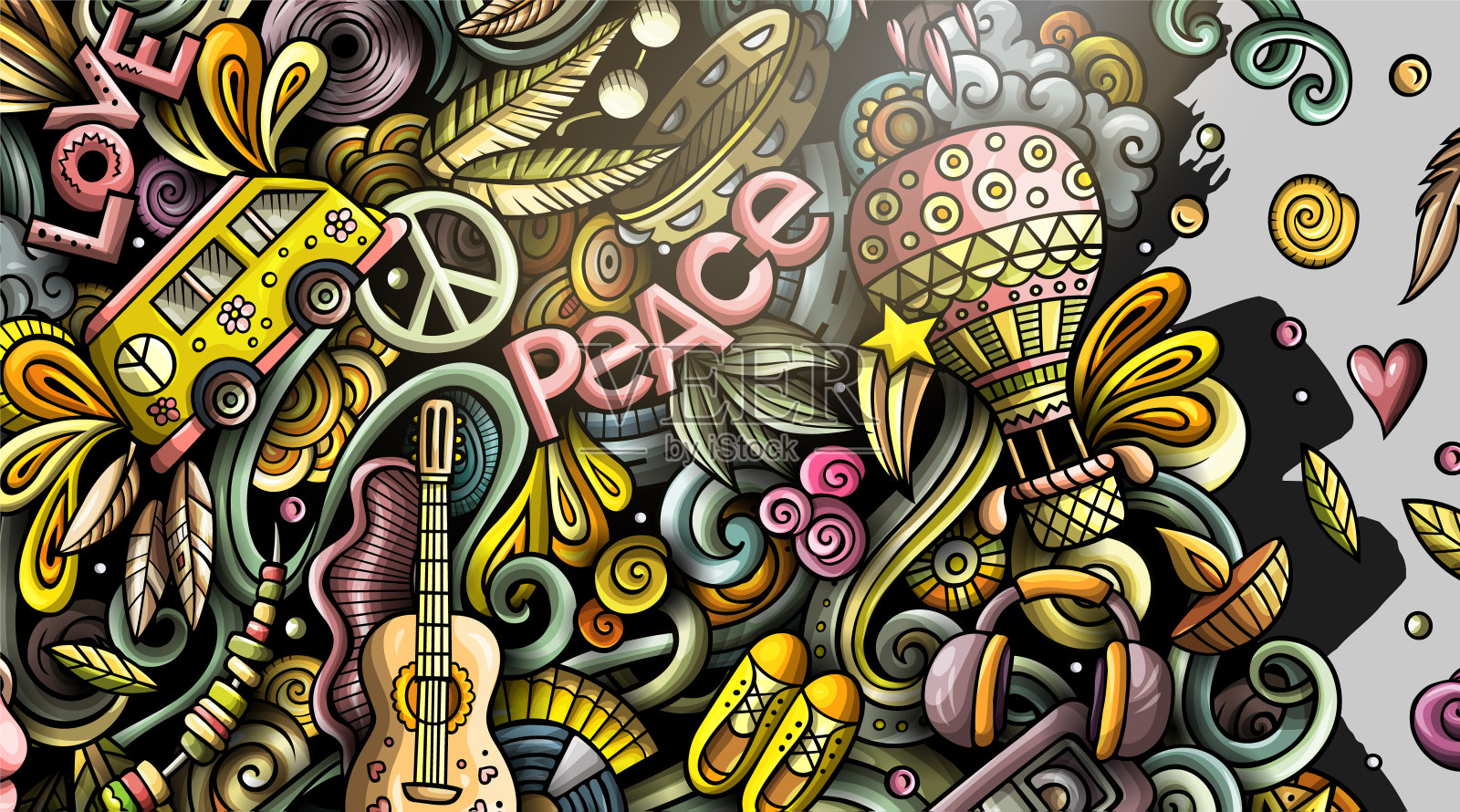 嬉皮手绘涂鸦横幅。卡通详细的插图。插画图片素材