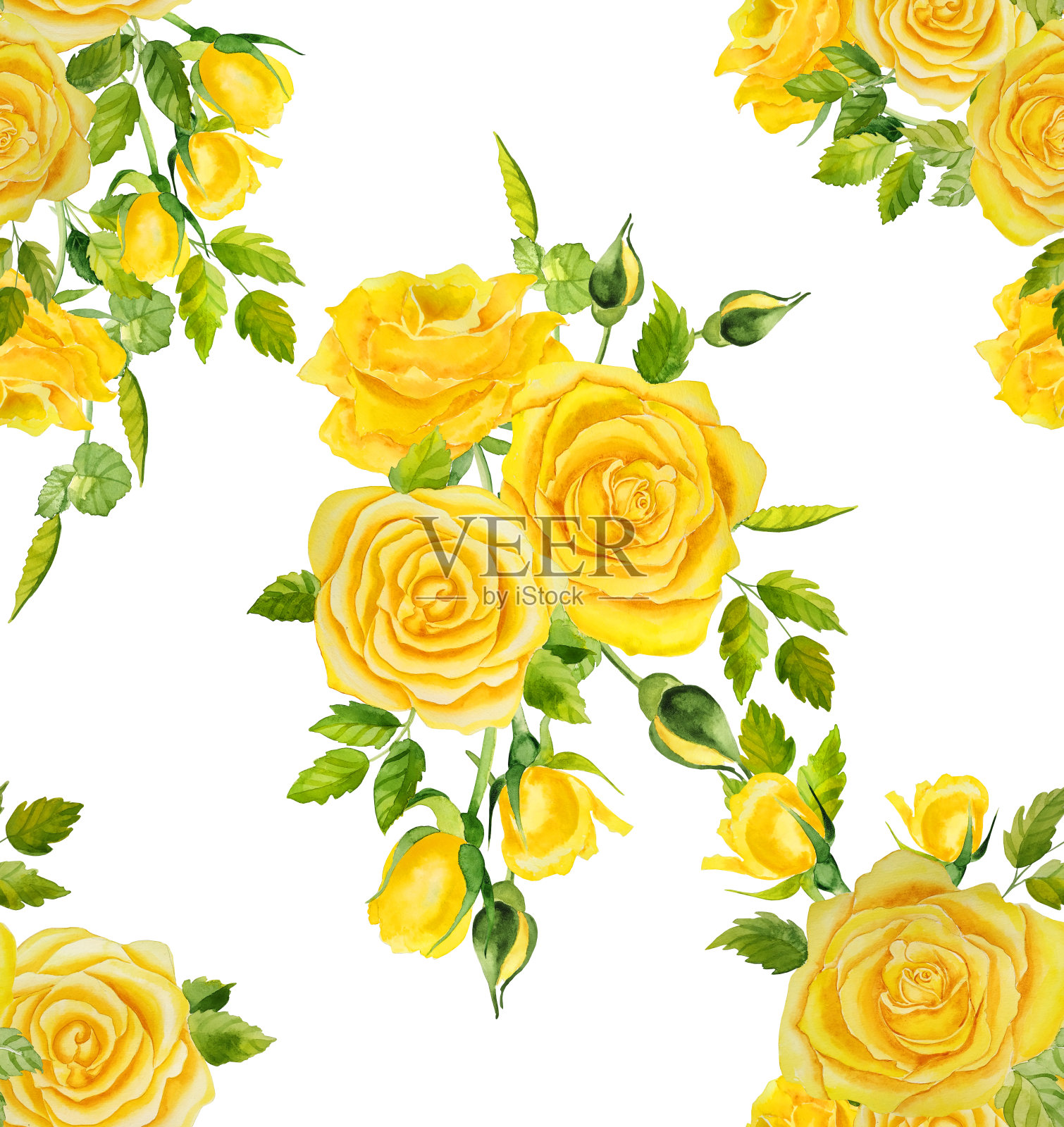 黄色水彩玫瑰和树叶无缝图案。植物花的背景。用于布料和墙纸。浪漫的夏季设计。插画图片素材