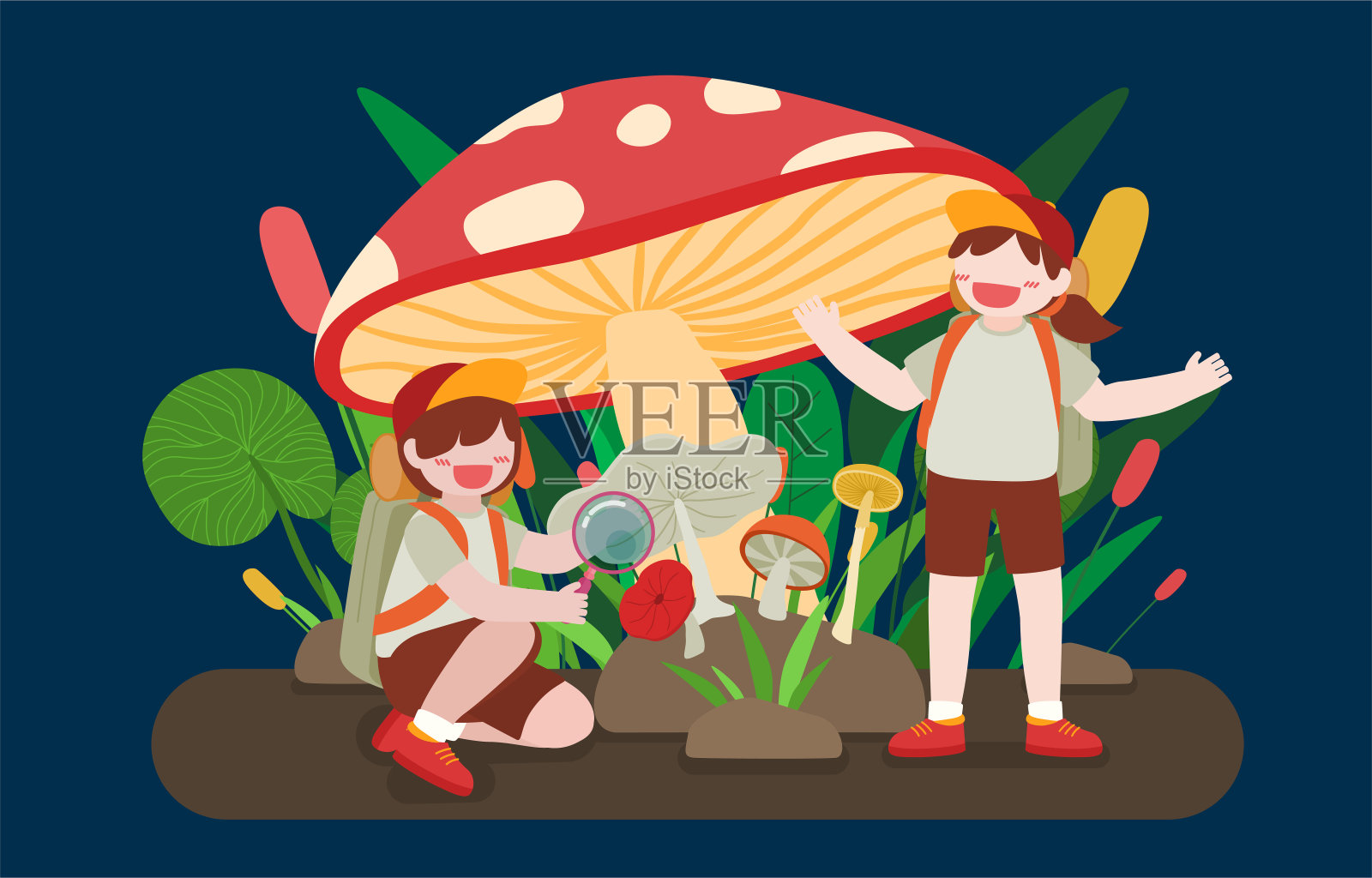 可爱的孩子们玩大蘑菇卡通矢量插画图片素材