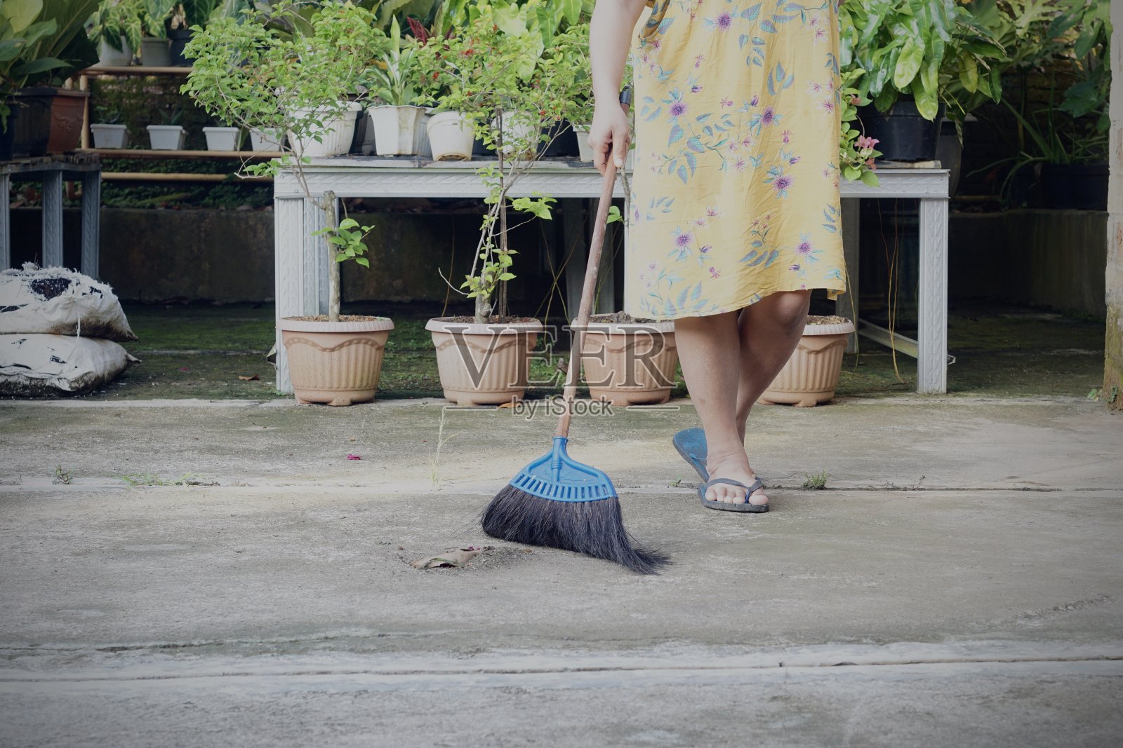 女工在花园庭院里用扫帚扫地照片摄影图片