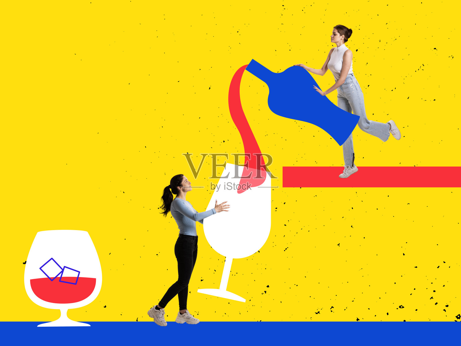 当代艺术拼贴。灵感,创意,时尚都市杂志风格。年轻女孩为酒会调制鸡尾酒,在明亮的黄色背景上玩得很开心插画图片素材