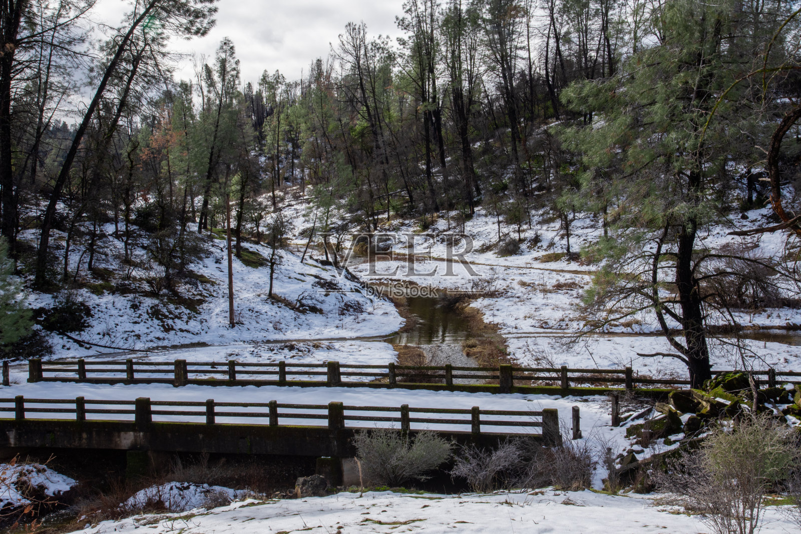 小溪上被雪覆盖的桥照片摄影图片