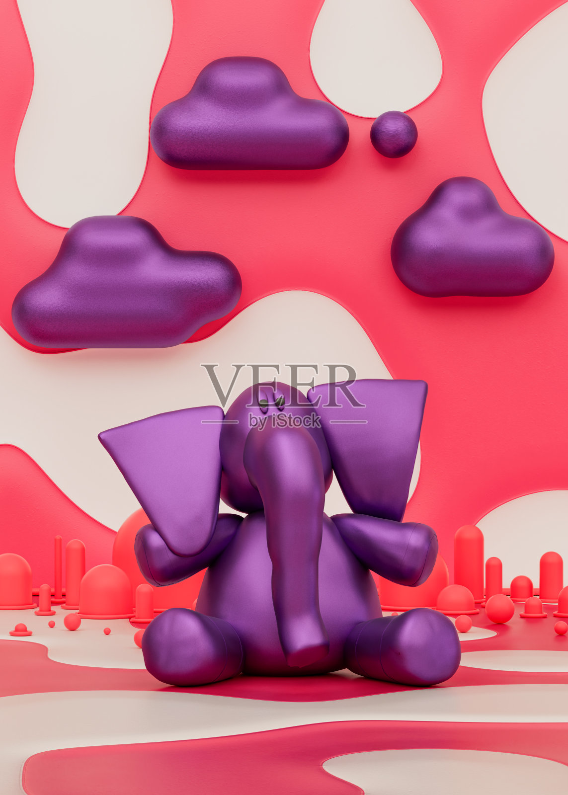 紫色大象玩具在学龄前儿童的粉红色房间,3d渲染照片摄影图片
