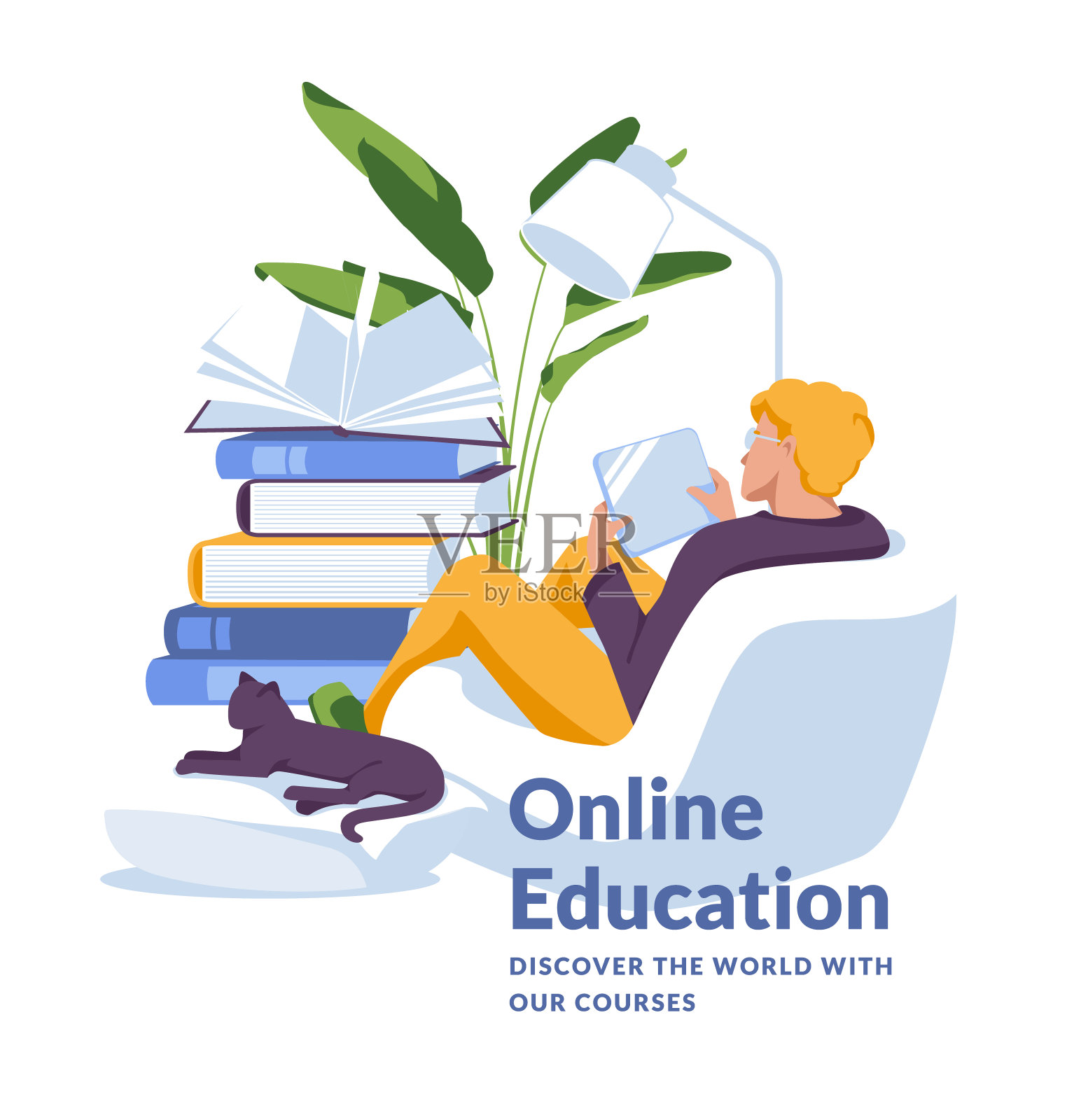 年轻人在家用笔记本电脑学习。巨大的书,椅子,植物,猫。在线教育的概念。平面向量插图插画图片素材