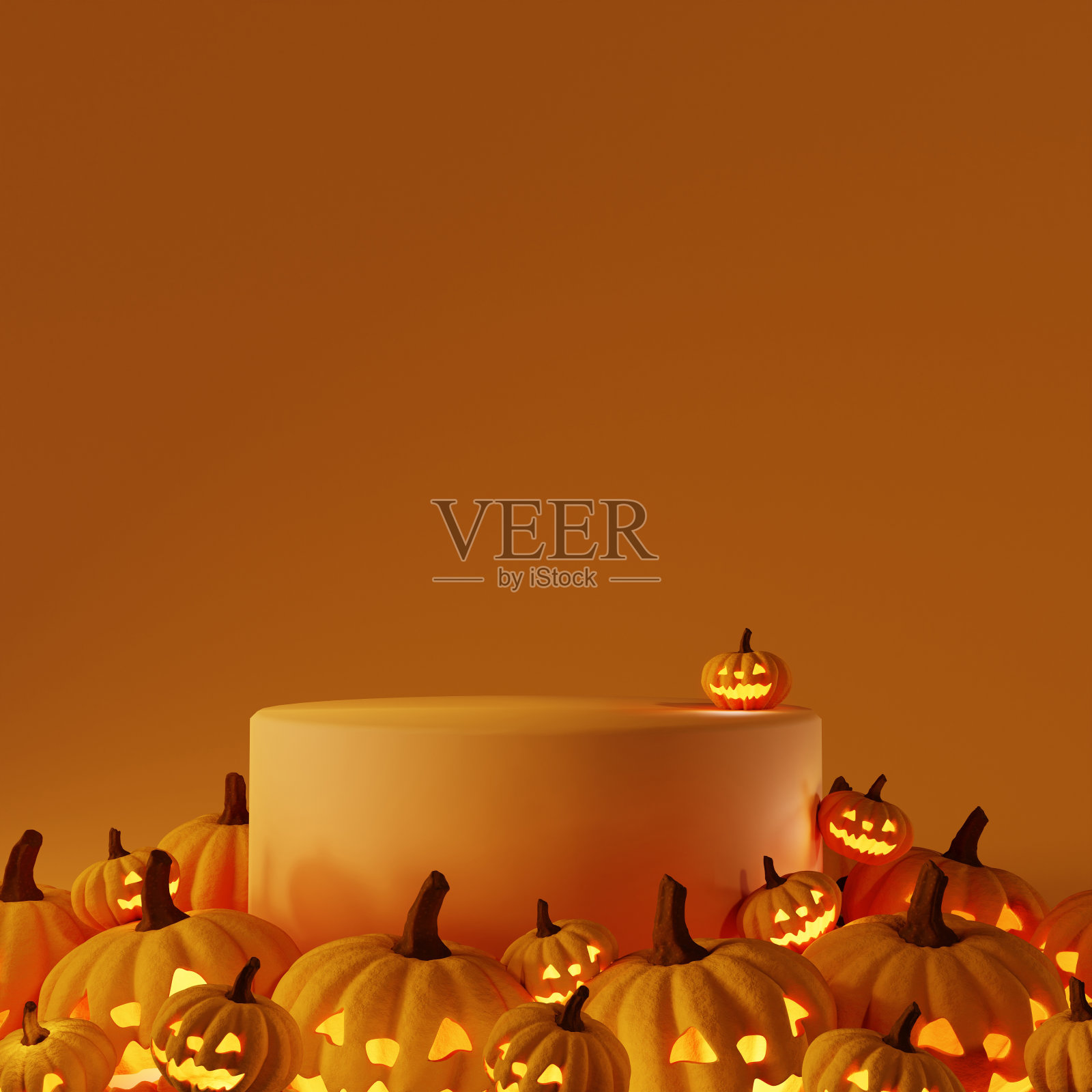 讲台上与万圣节南瓜邪恶的橙色背景。三维渲染照片摄影图片