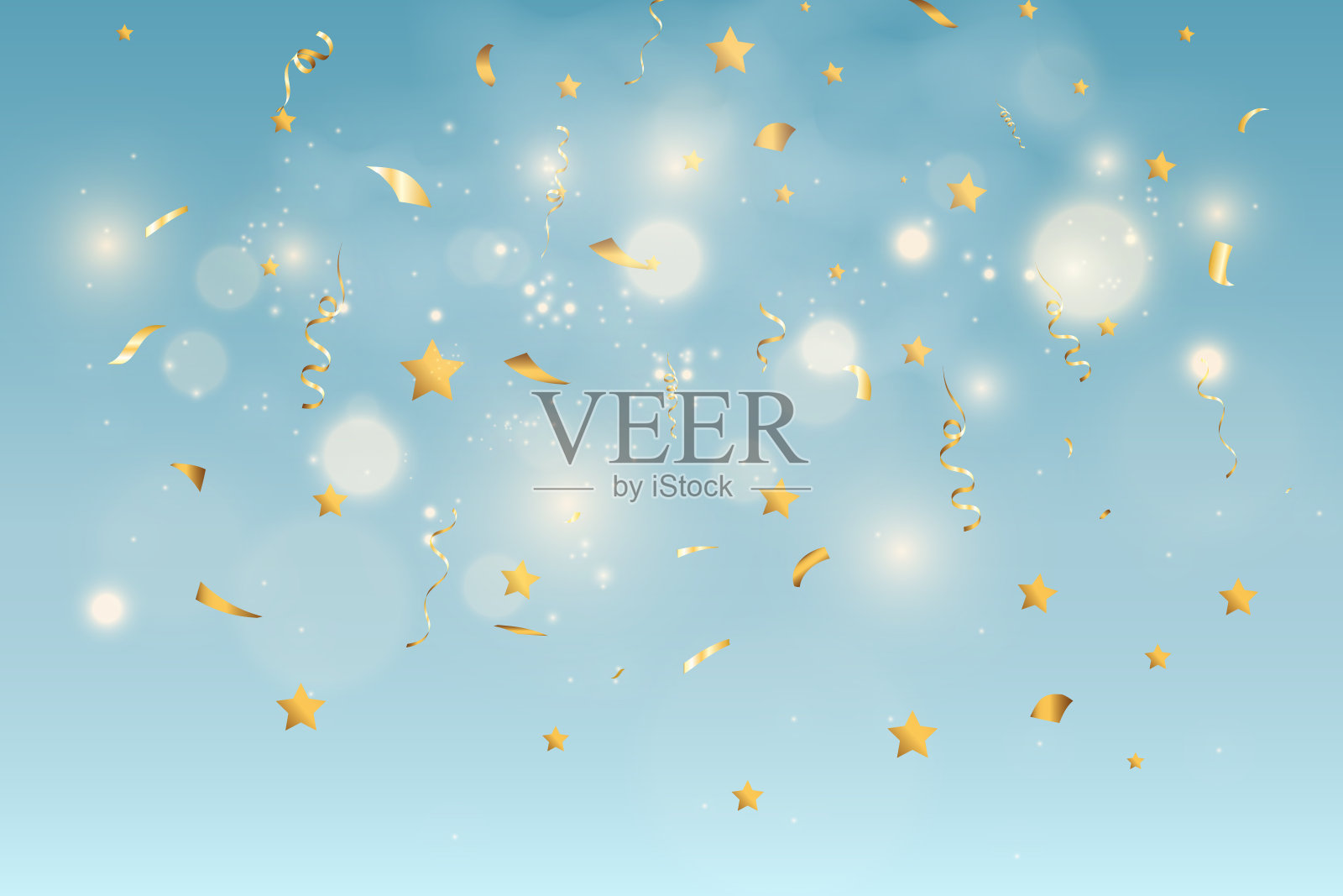 金色的五彩纸屑落在美丽的背景上。舞台上落下的飘带。照片摄影图片