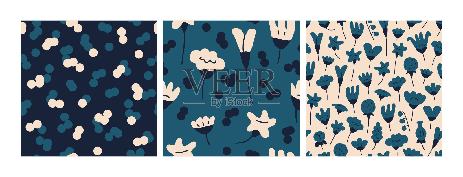 一套简单的花无缝图案。草地植物在复古的颜色。植物收集。插画图片素材