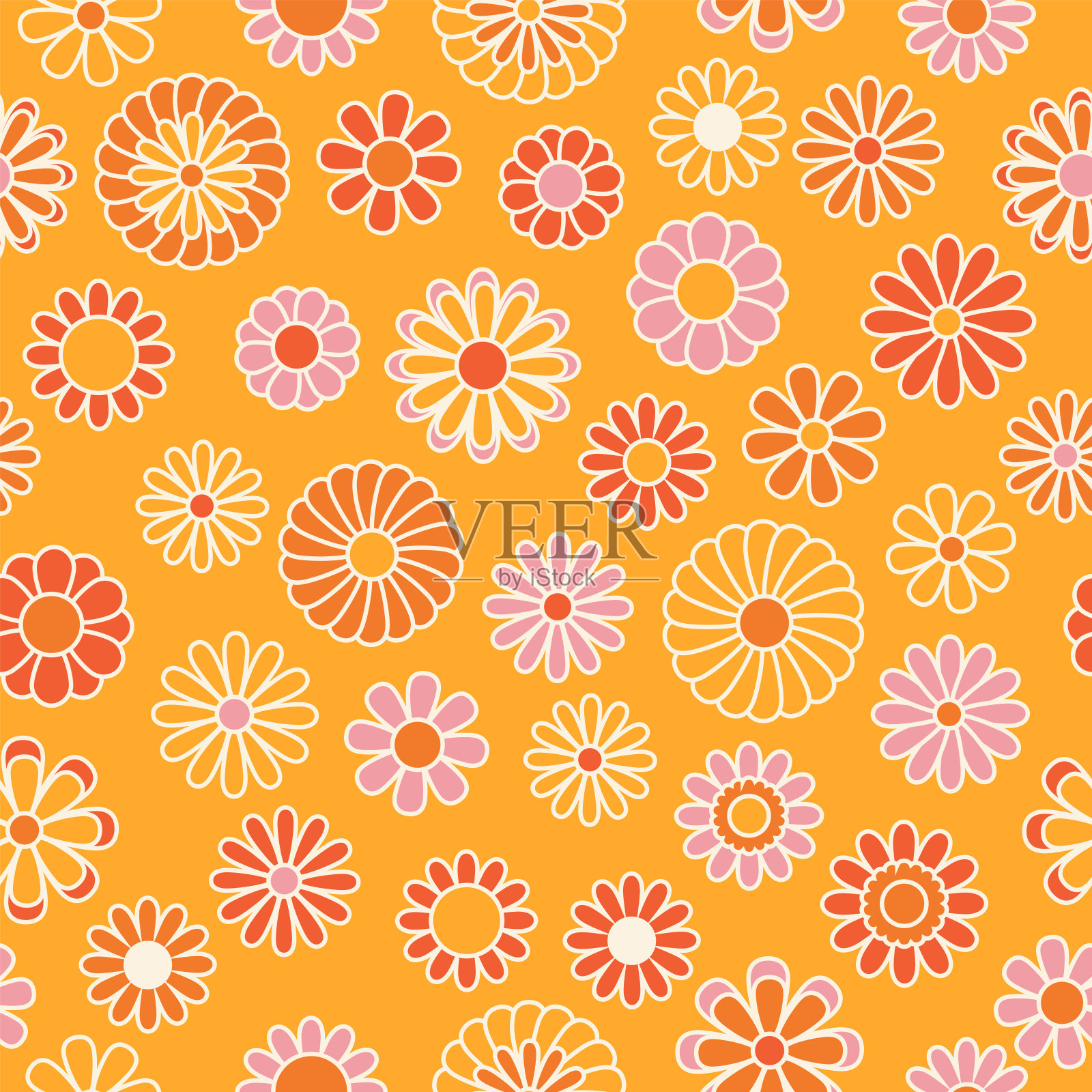 复古碎花背景。嬉皮风格矢量无缝模式。怀旧复古70年代groovy打印。纺织品和表面设计在老式的颜色插画图片素材