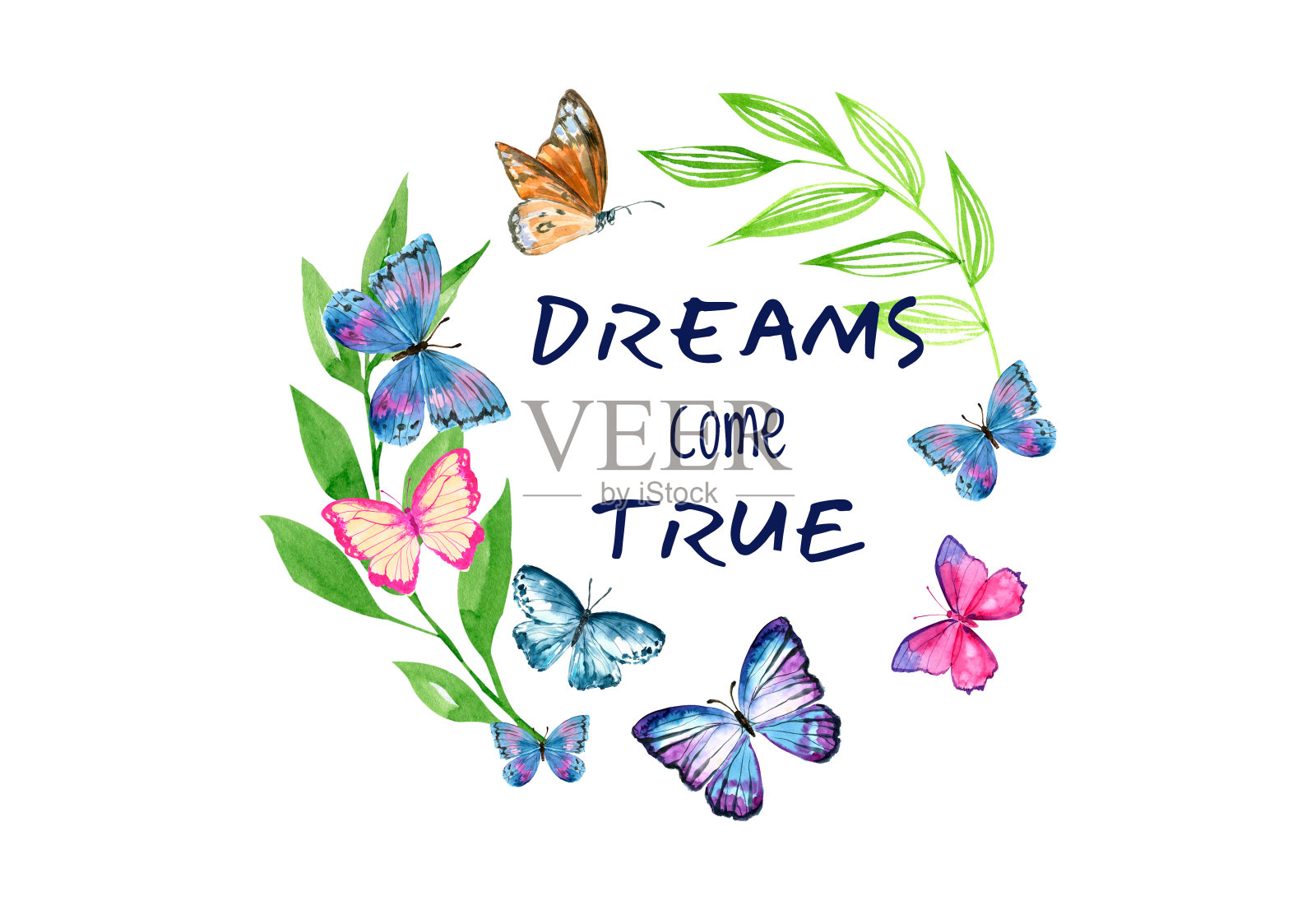 浪漫可爱的蝴蝶插图印刷积极的名言。励志名言、口号、文字和蝴蝶。插画图片素材