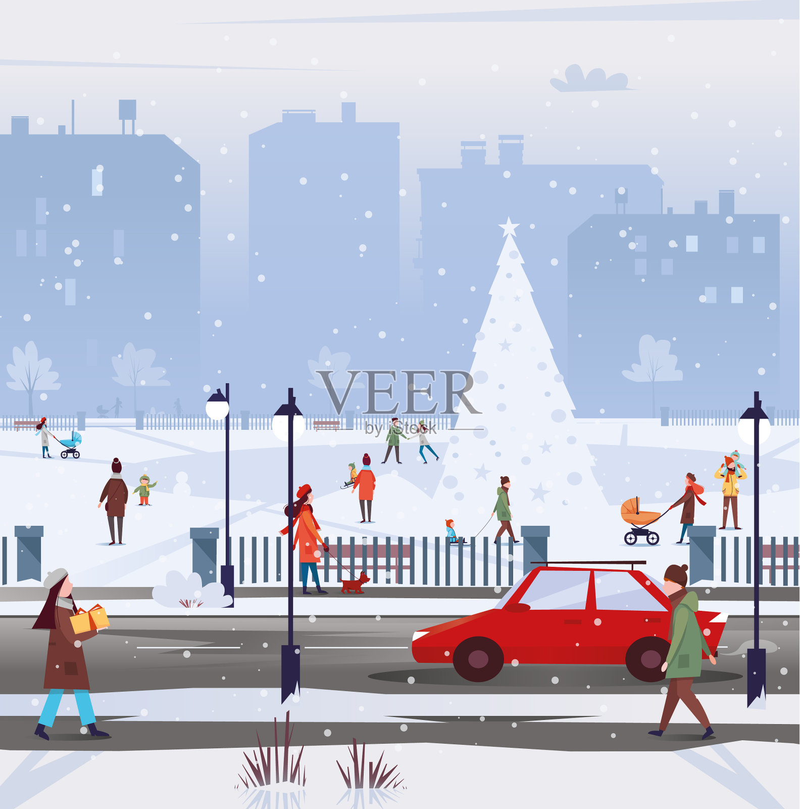 冬景人走在雪城插画图片素材