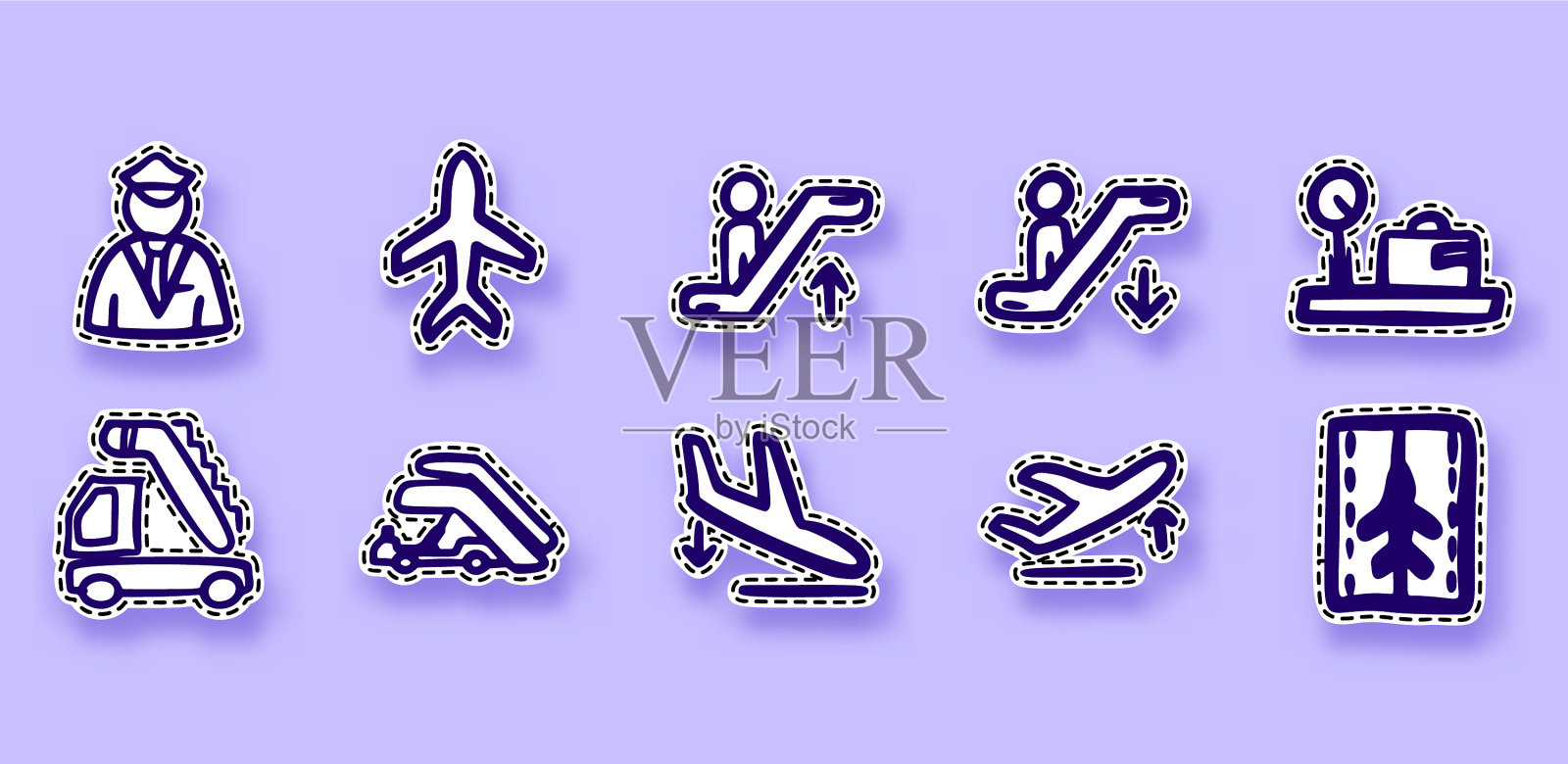 机场平面线条艺术贴纸孤立的背景图标素材