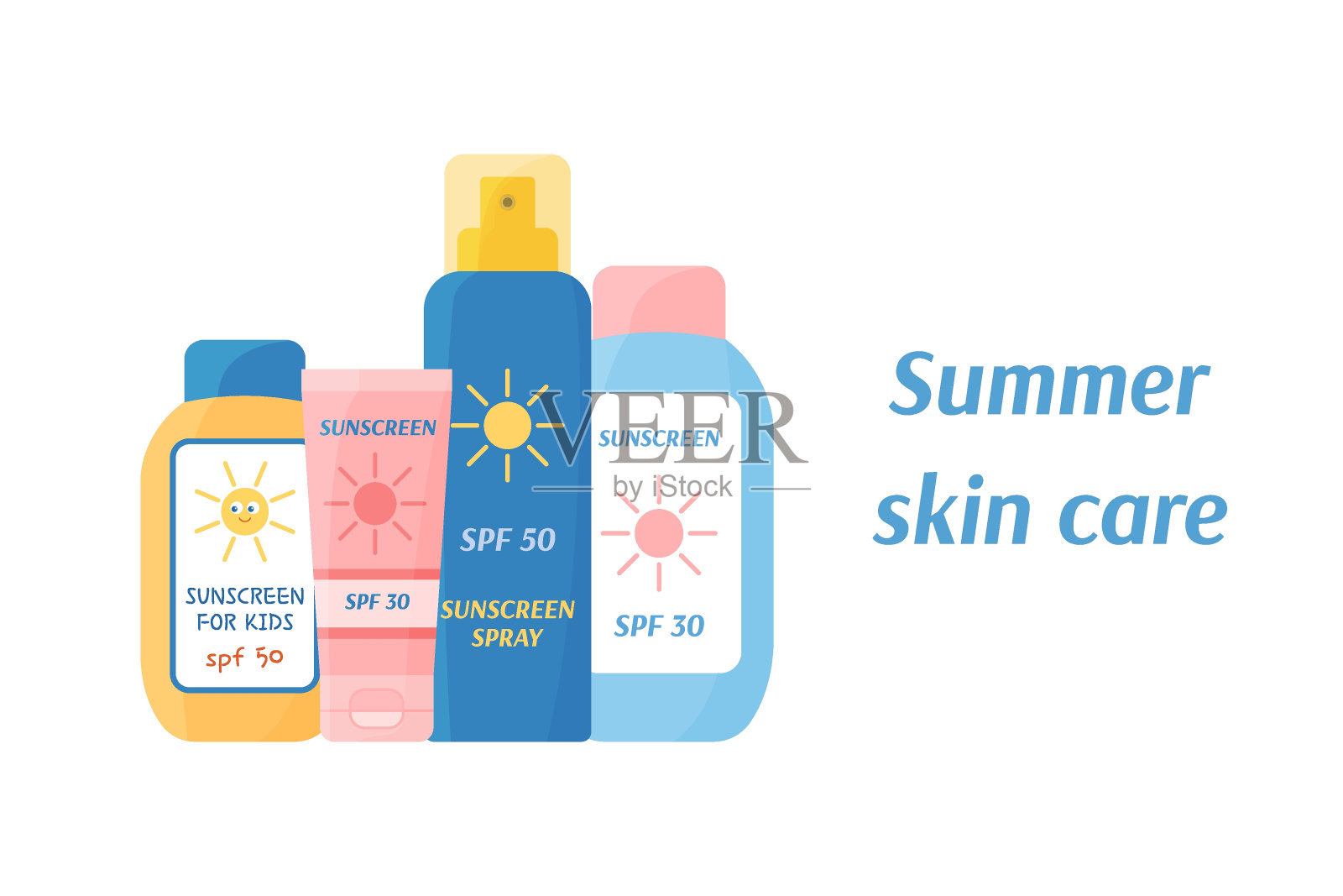 夏季皮肤护理。向量防晒产品。防晒管、防晒喷雾和防晒瓶。防紫外线霜和乳液。安全的日光浴的概念。平的插图插画图片素材
