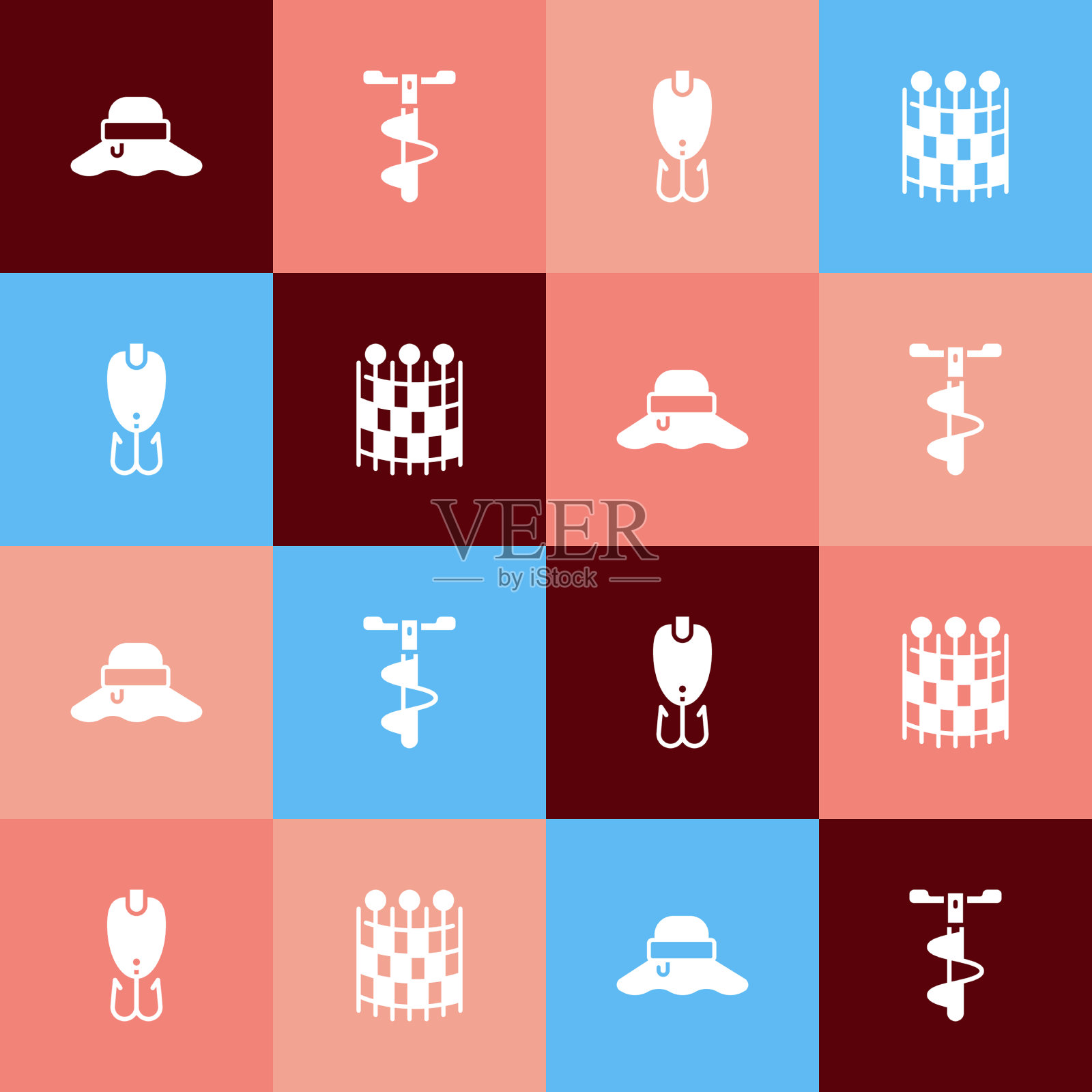 集流行艺术渔夫帽手冰钻钓鱼图标素材