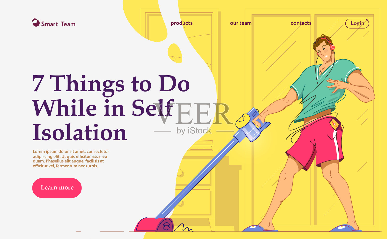 快乐的人打扫房间,用吸尘器跳舞,玩得开心,复印空间。插画图片素材