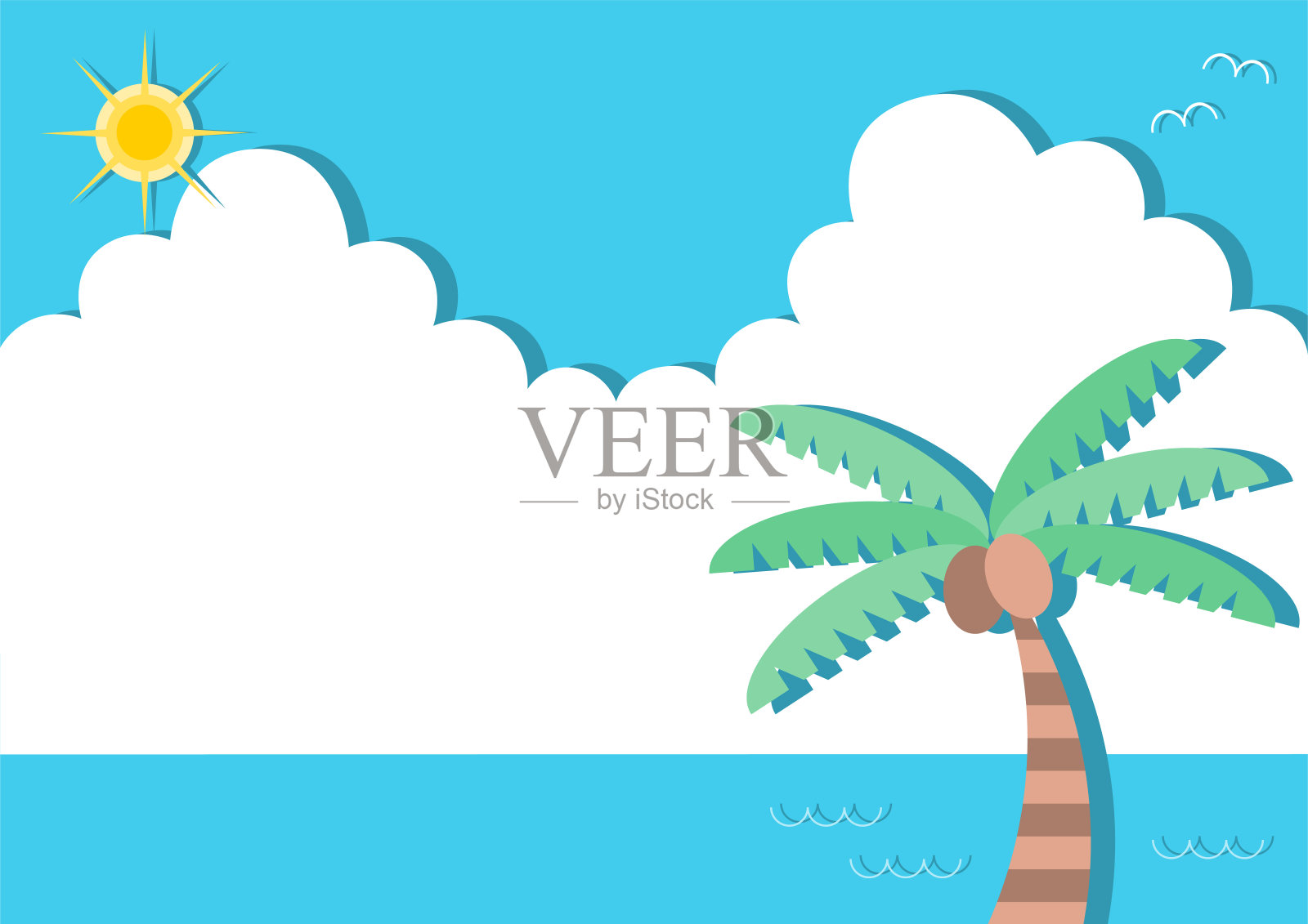 夏天图片说明。夏天的天空,大海,棕榈树和太阳。插画图片素材