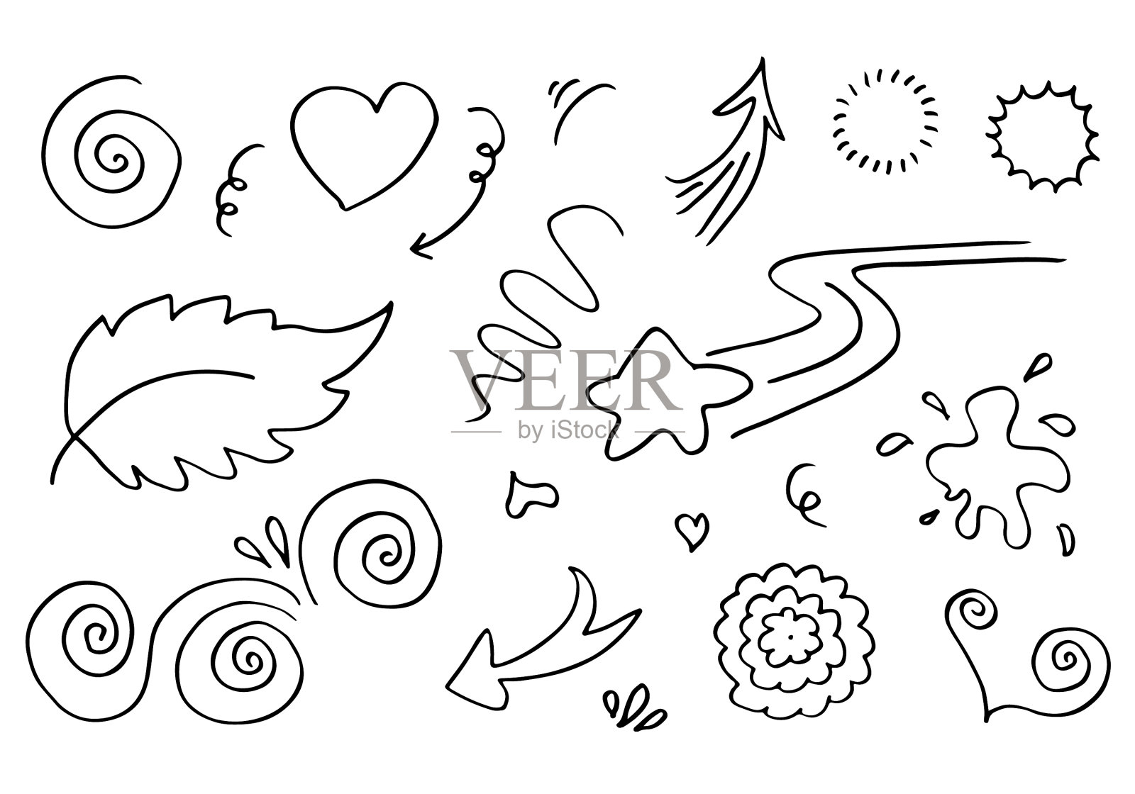 手绘集合元素在白色背景上的黑色图标素材