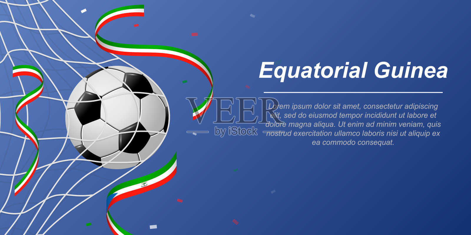 足球背景,飘扬着赤道几内亚国旗颜色的彩带插画图片素材