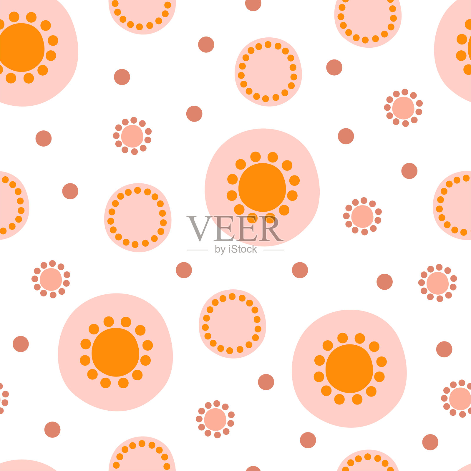 无缝图案与橙色和粉红色的抽象圆圈在柔和的颜色。在织物,墙纸和纺织品的平面风格的极简主义插图。向量。插画图片素材