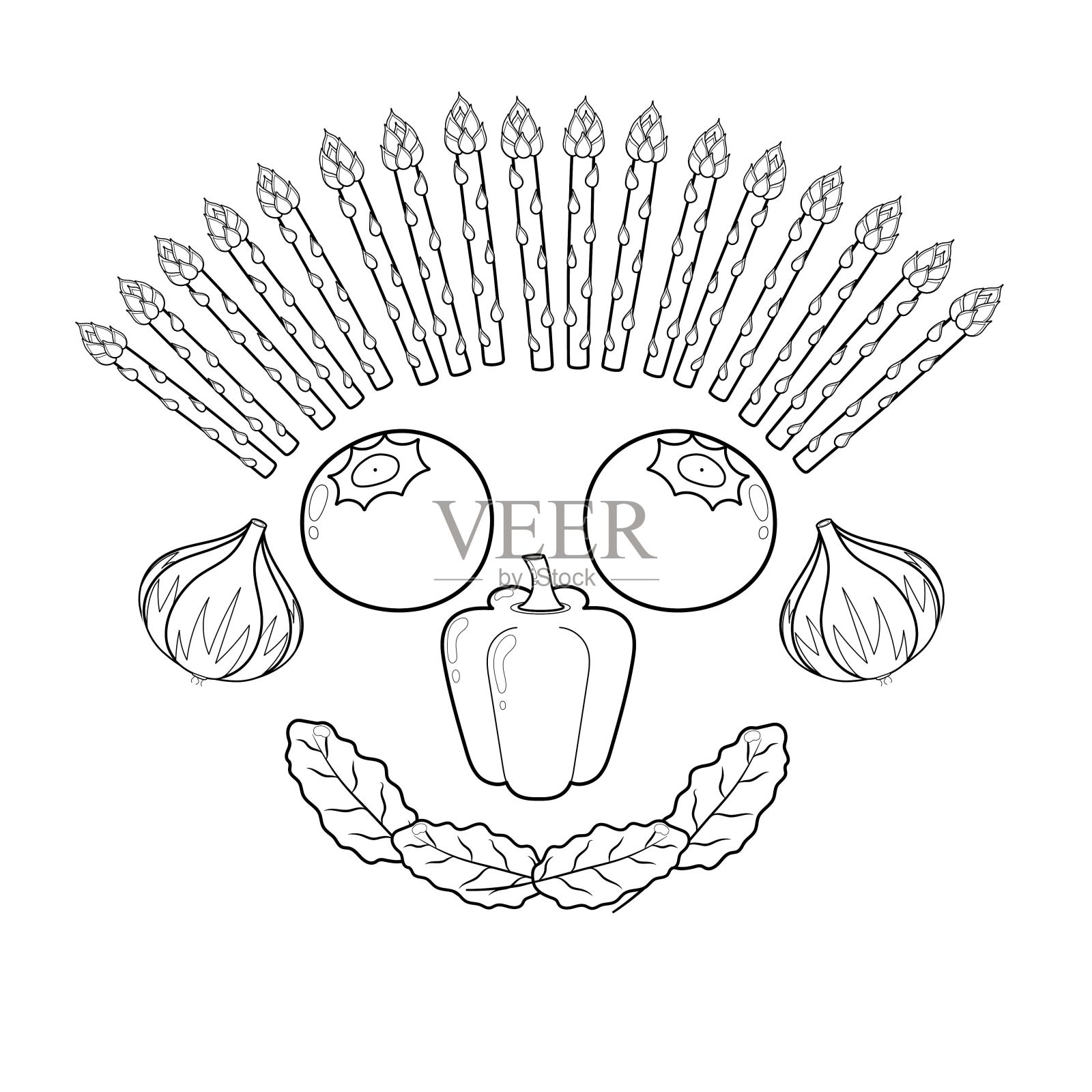 黑白果蔬脸。有趣的健康着色页面插画图片素材