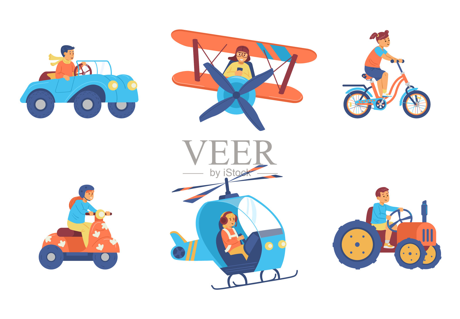 男孩和女孩都骑玩具和幻想交通工具插画图片素材