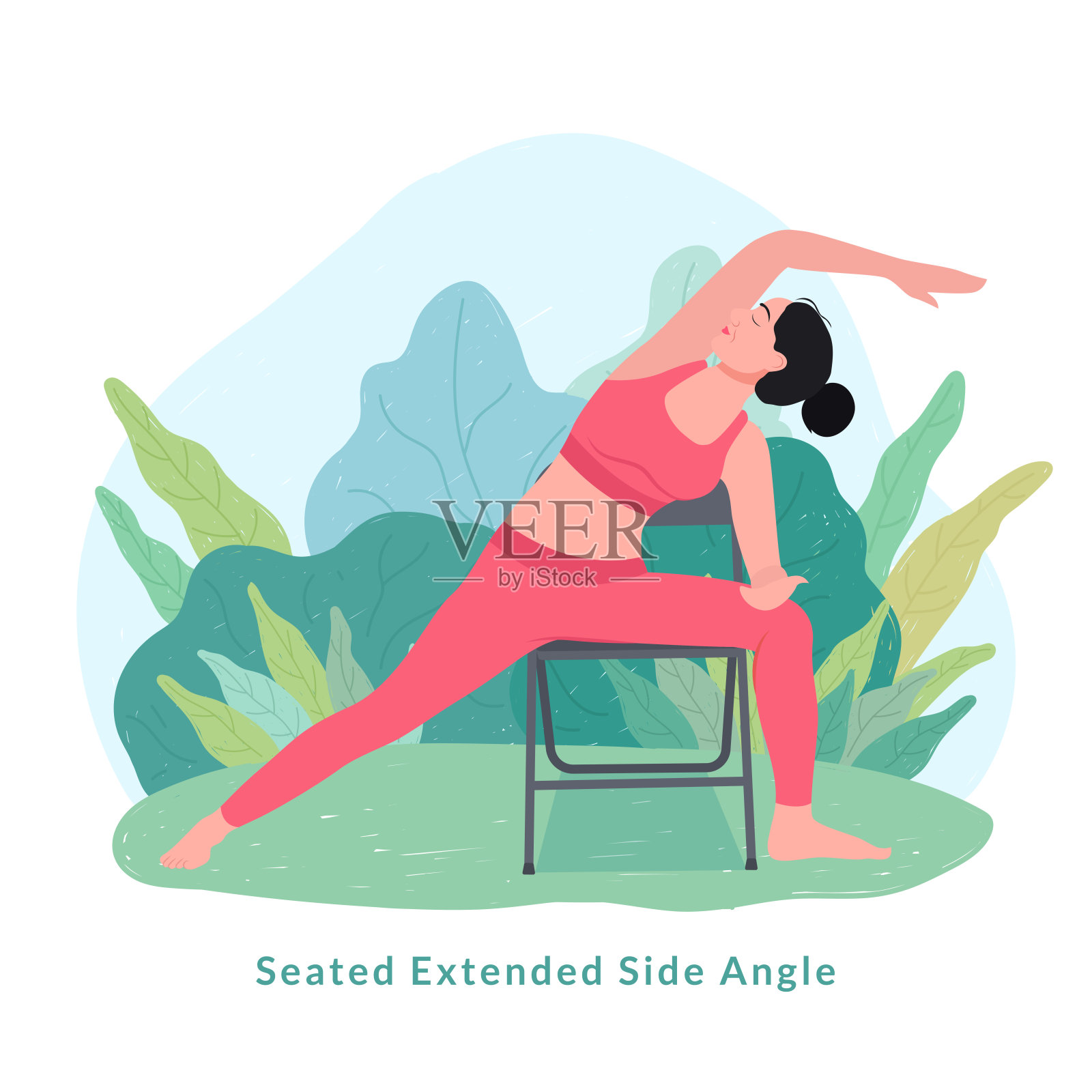 坐姿伸展侧角瑜伽姿势。为瑜伽日庆祝活动做瑜伽的年轻女子。插画图片素材
