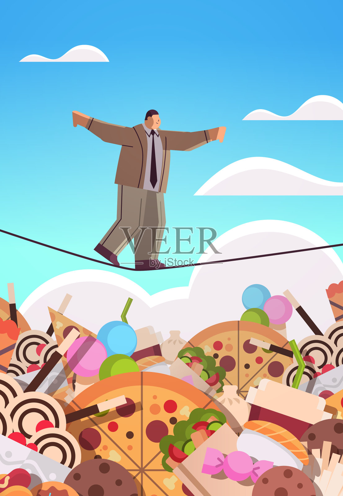 商人在垃圾食品上方的绳子上保持平衡插画图片素材
