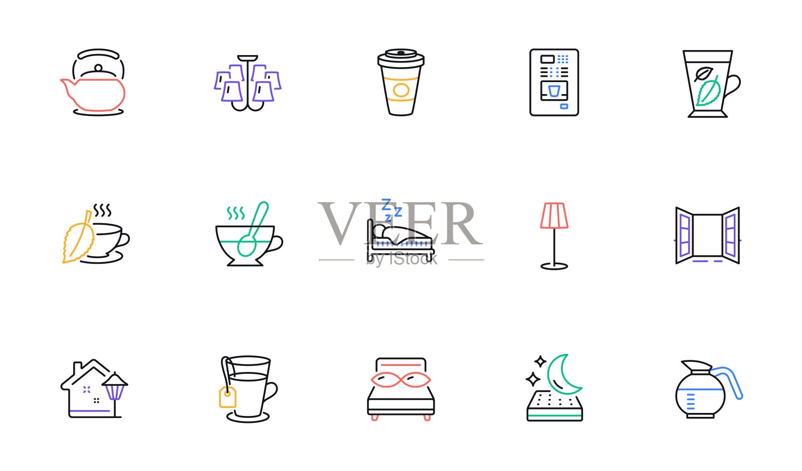 咖啡壶,茶和薄荷叶线图标的网站,打印。为设计。向量图标素材