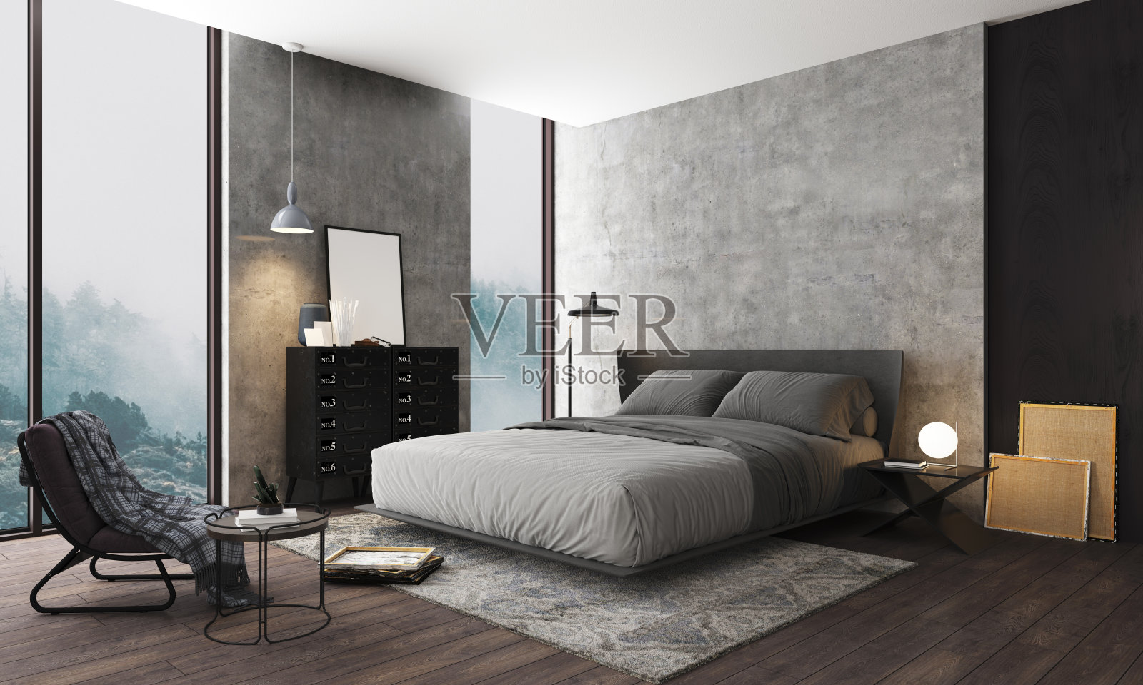 3 d演示。灰色的卧室照片摄影图片