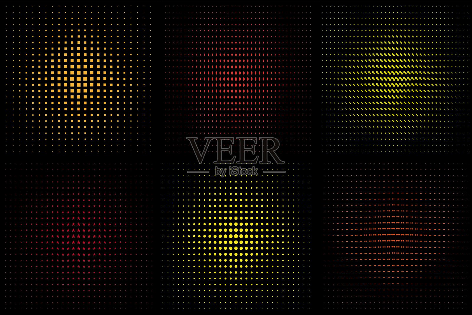 大集合的黑色纹理圆笔画孤立在黑色背景。抽象虚线圆、圆半色调几何网点梯度和波普艺术纹理。粉尘分级向量集。插画图片素材
