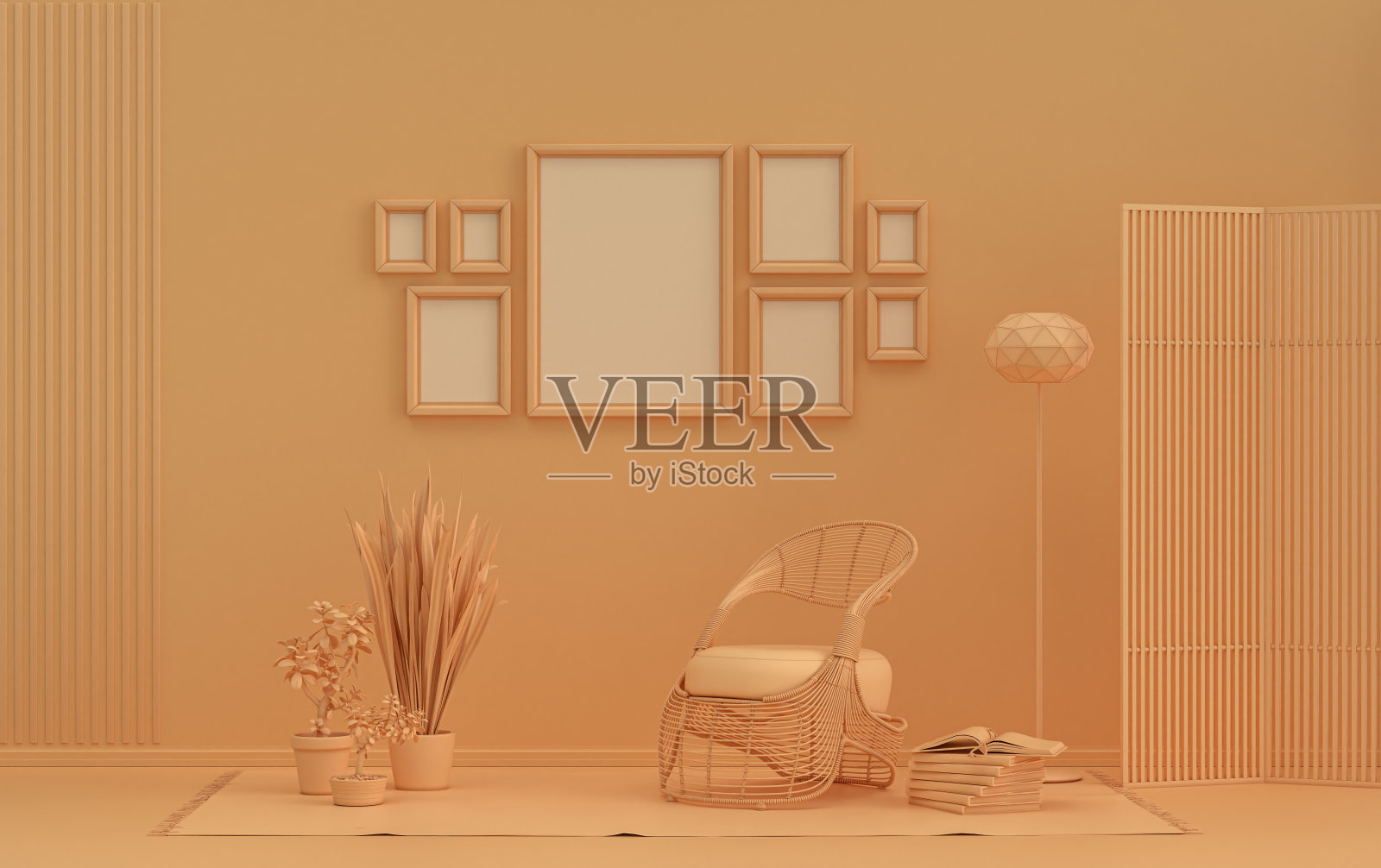 简约的客厅在平面单一柔和的橙色,8框架家具和植物照片摄影图片