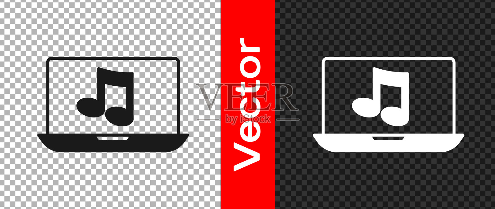 黑色笔记本电脑与音乐音符符号的屏幕图标图标素材
