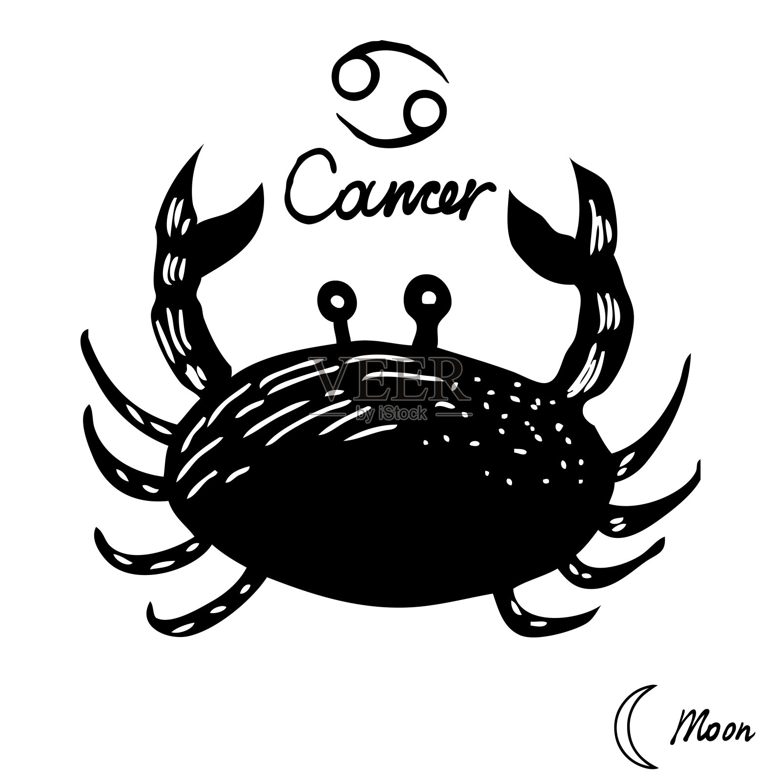 手绘十二星座符号和星座巨蟹座,月亮插图画行星和符号书写的名字。可用于神秘的神秘手相术和巫术炼金术。向量插画图片素材