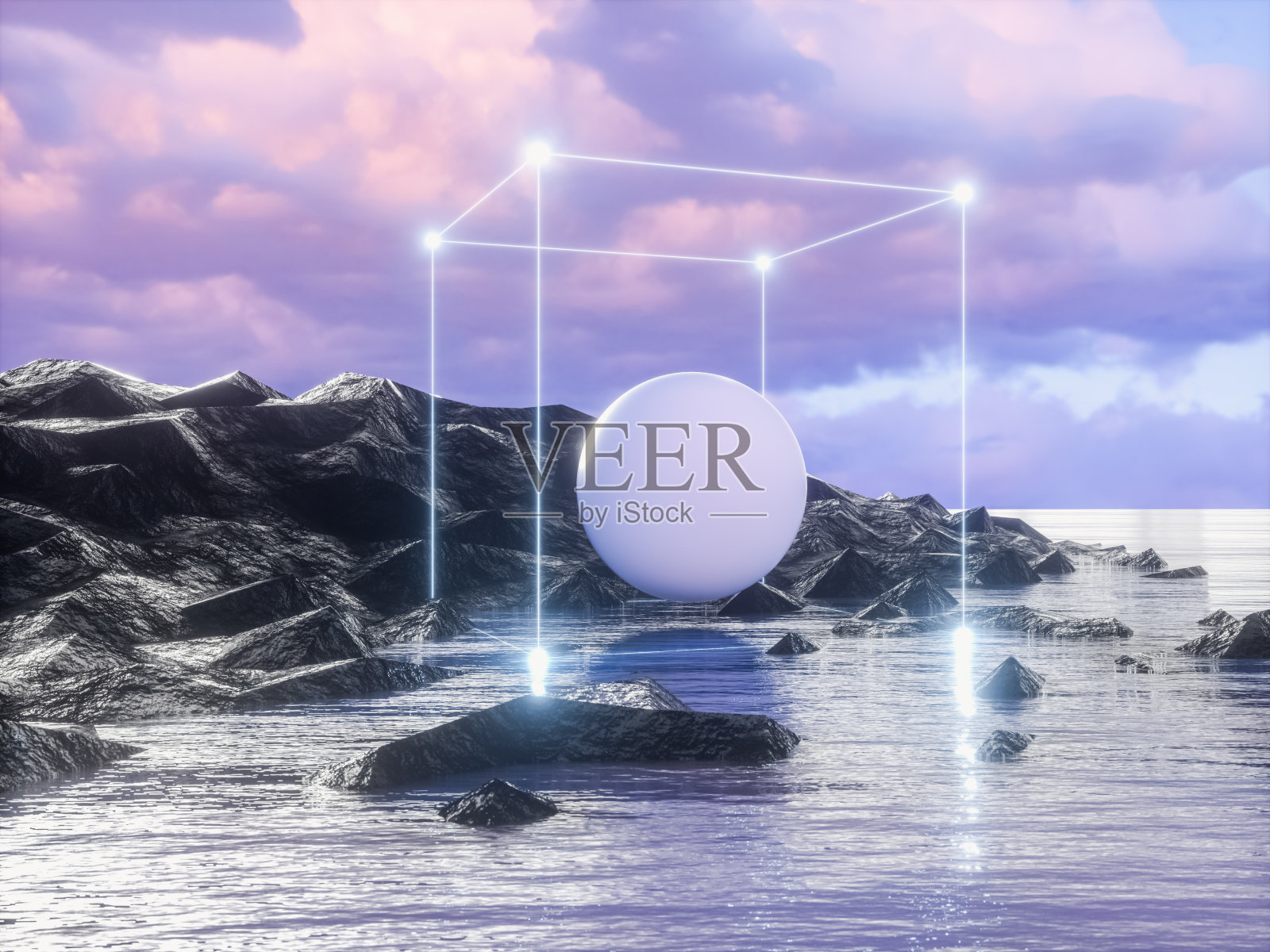 未来技术3d景观背景几何线框霓虹灯。山区的数字地形网络空间。照片摄影图片