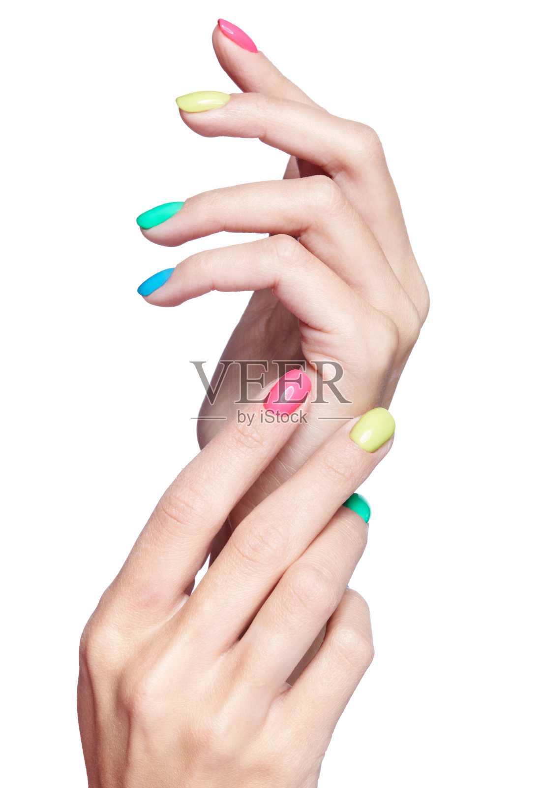 女性手指与花式指甲指甲孤立在白色背景照片摄影图片