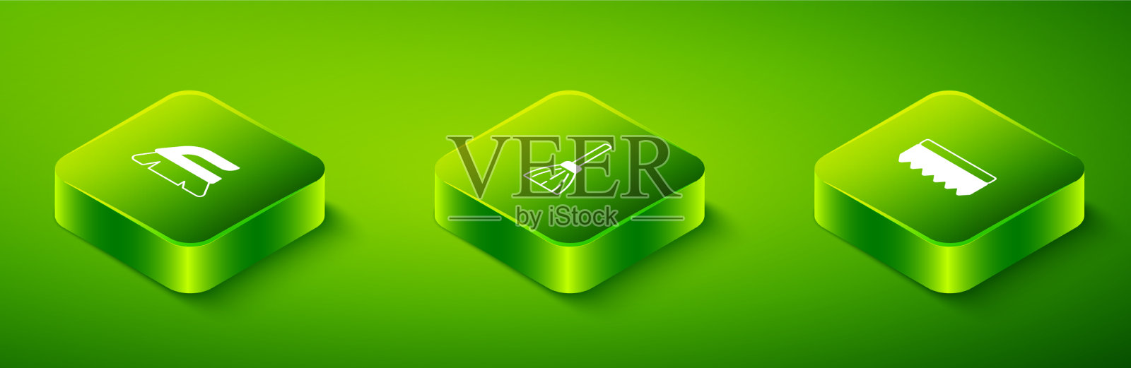 设置等距柄扫帚海绵和刷子图标素材