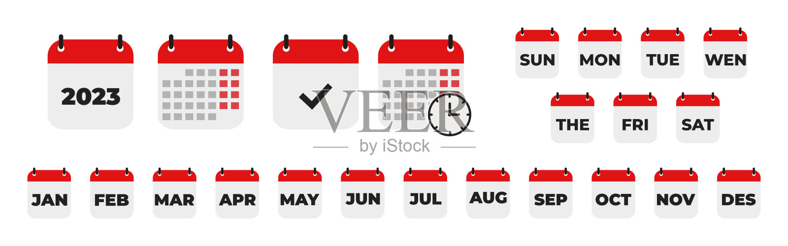 日历,一周的天数。每周每天都做。日历符号的集合。矢量图标。扁平化,红白相间的日历,图标设置为星期。10每股收益插画图片素材