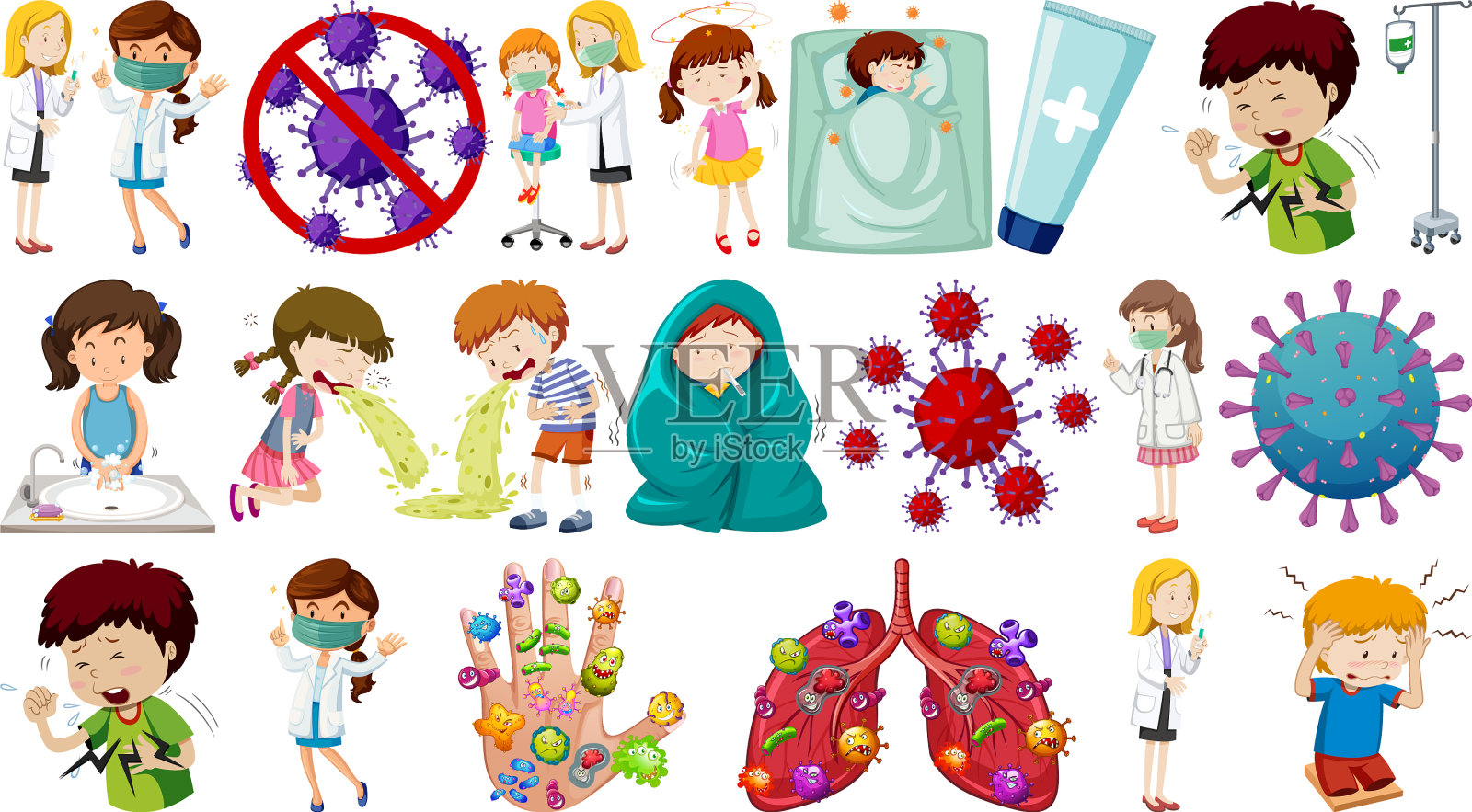 一群有不同症状的病人插画图片素材