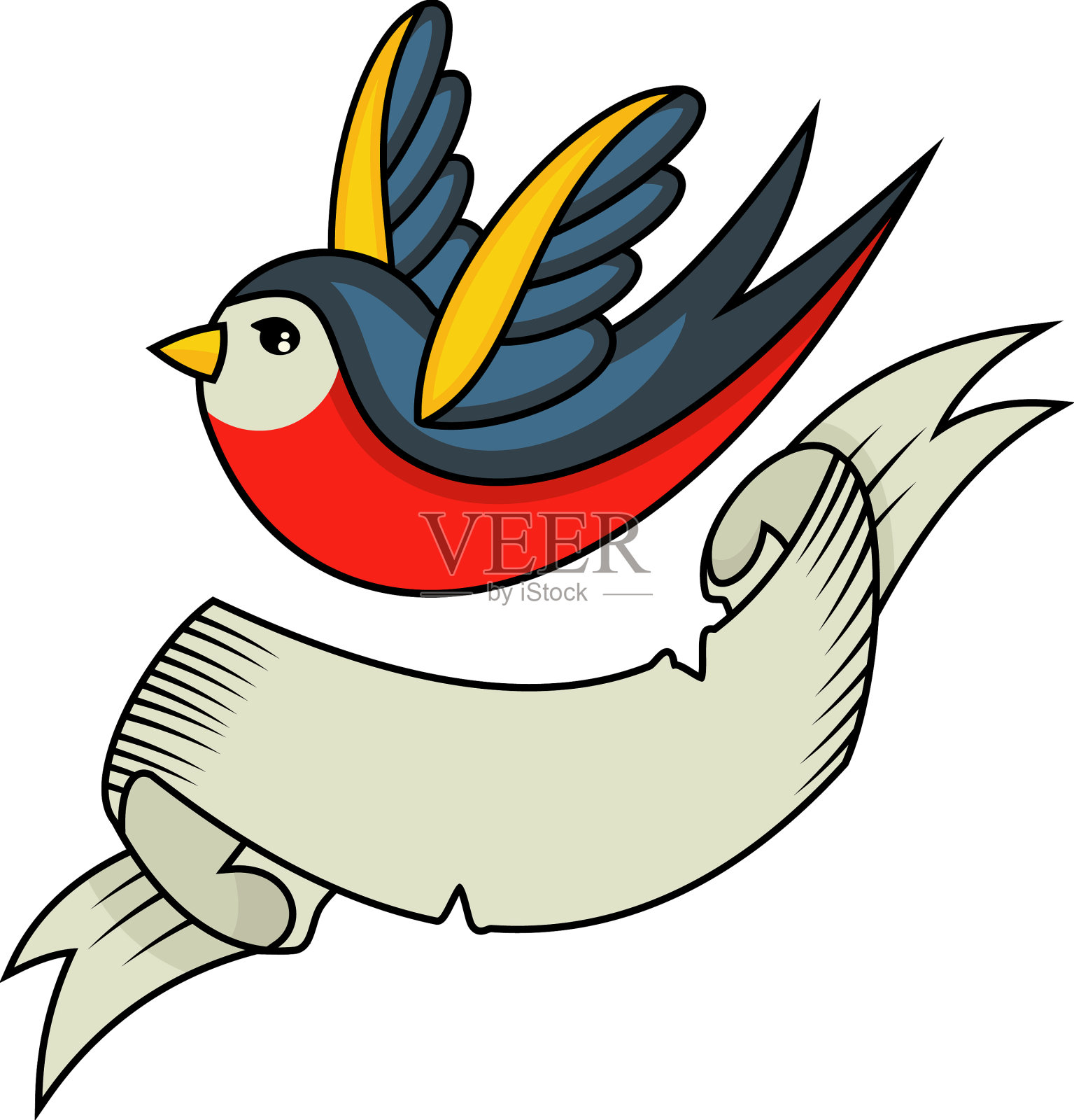 古老的学校纹身,一个燕子和丝带横幅插画图片素材