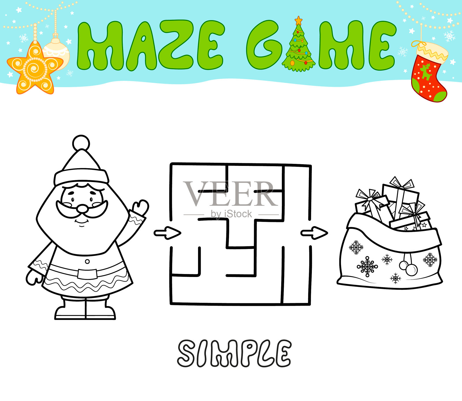 圣诞儿童益智迷宫游戏简单插画图片素材