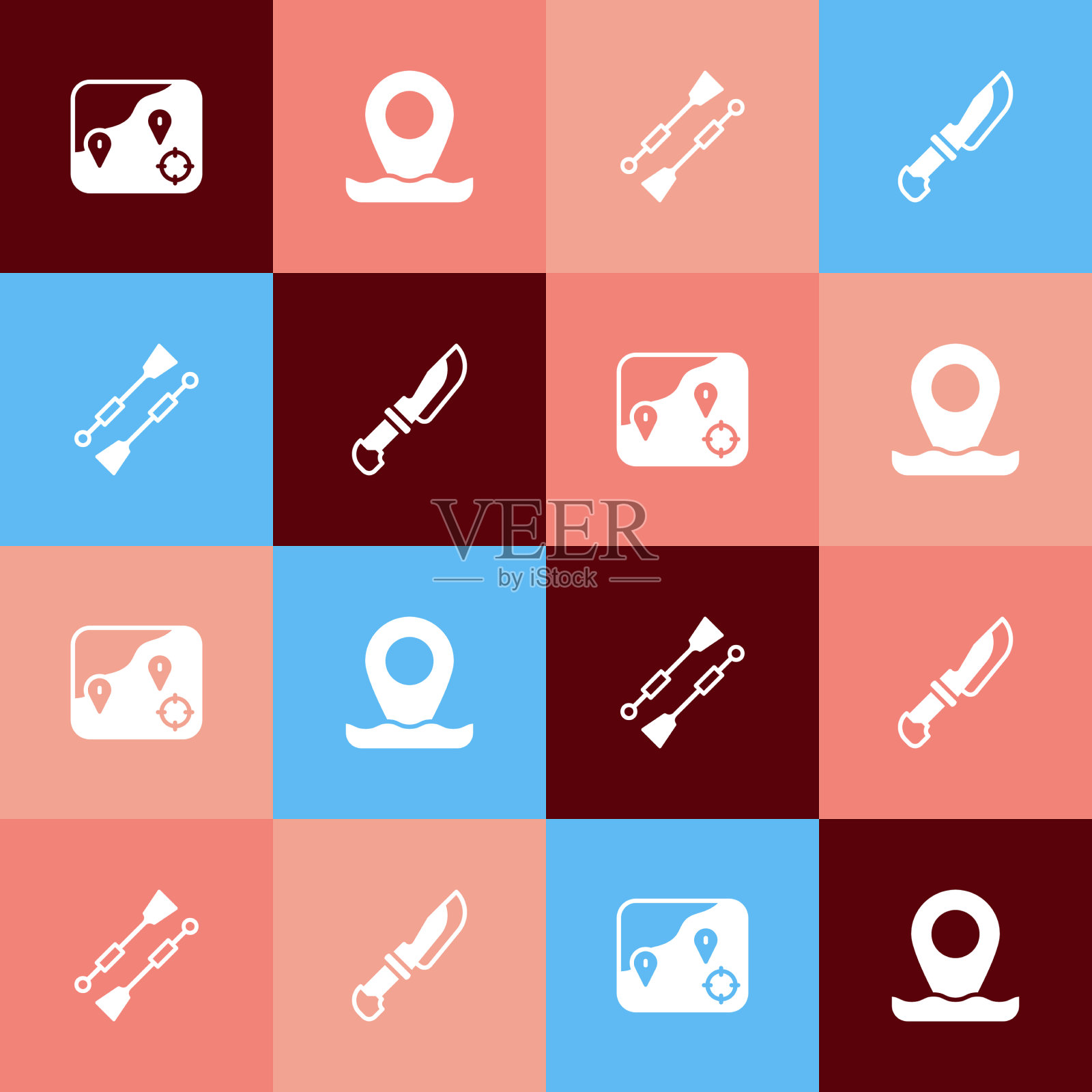 设置流行艺术位置钓鱼桨或桨船图标素材