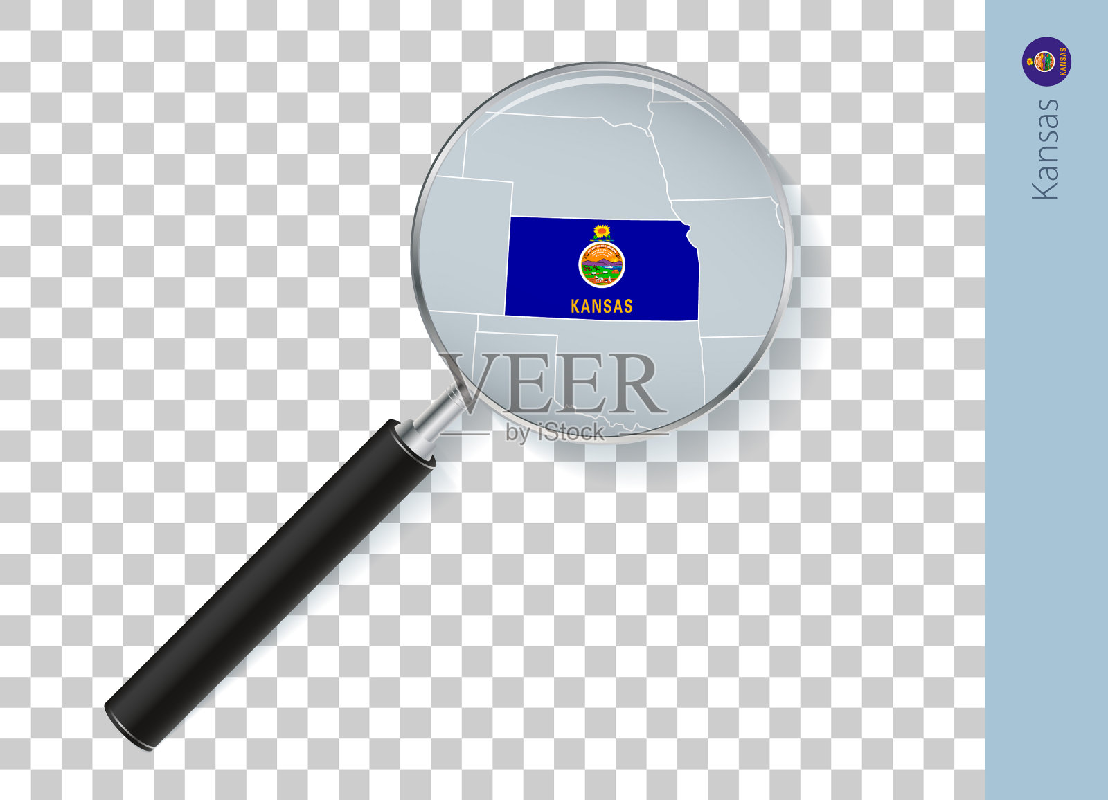 堪萨斯地图,放大镜上有国旗插画图片素材