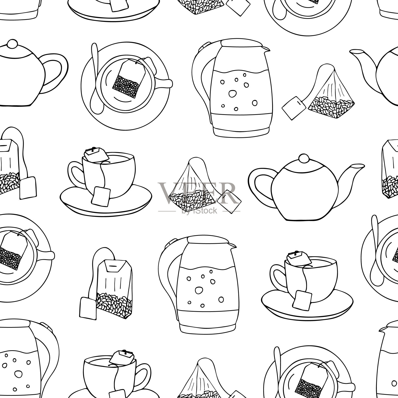 无缝图案设计与涂鸦茶插图。无缝图案与手绘茶插图。茶叶概念无缝图案设计插画图片素材