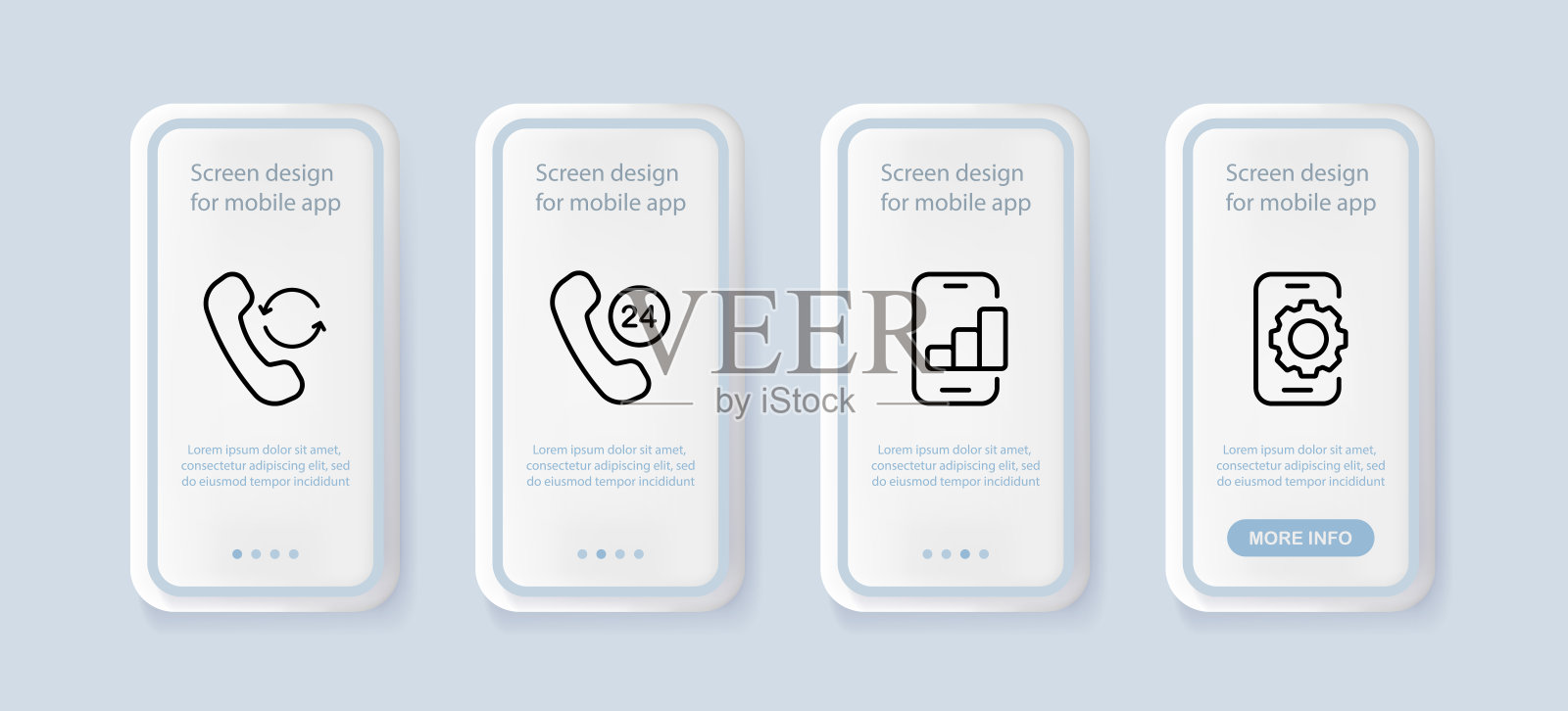 通讯设置图标。座机,圆形箭头,24 7,统计,条形图,齿轮,设置,电话。呼叫中心的概念。UI手机应用程序屏幕。矢量线图标的业务和广告插画图片素材