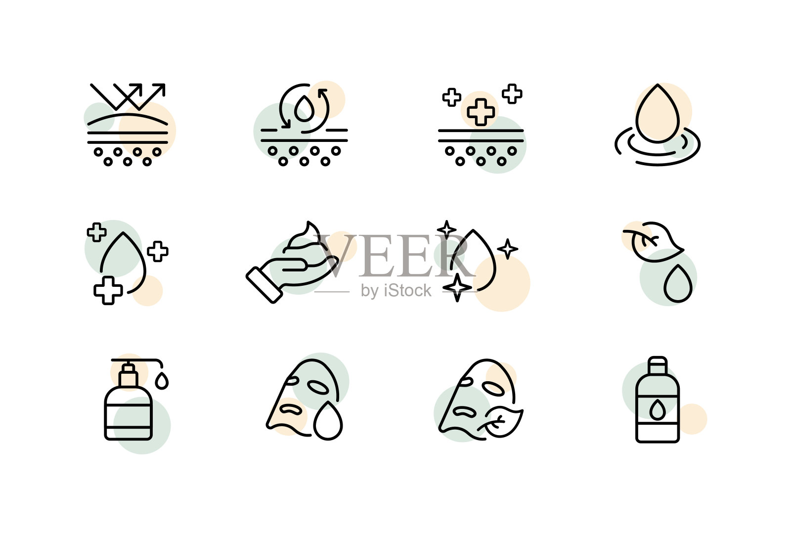 护肤常规设定图标。治疗,护理,水滴,液体,保湿,手,面霜,面膜,树叶,生态。化妆品的概念。矢量线图标的业务和广告图标素材